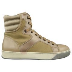 LANVIN Size 8 Beige Leather & Gold Canvas High Top Sneakers