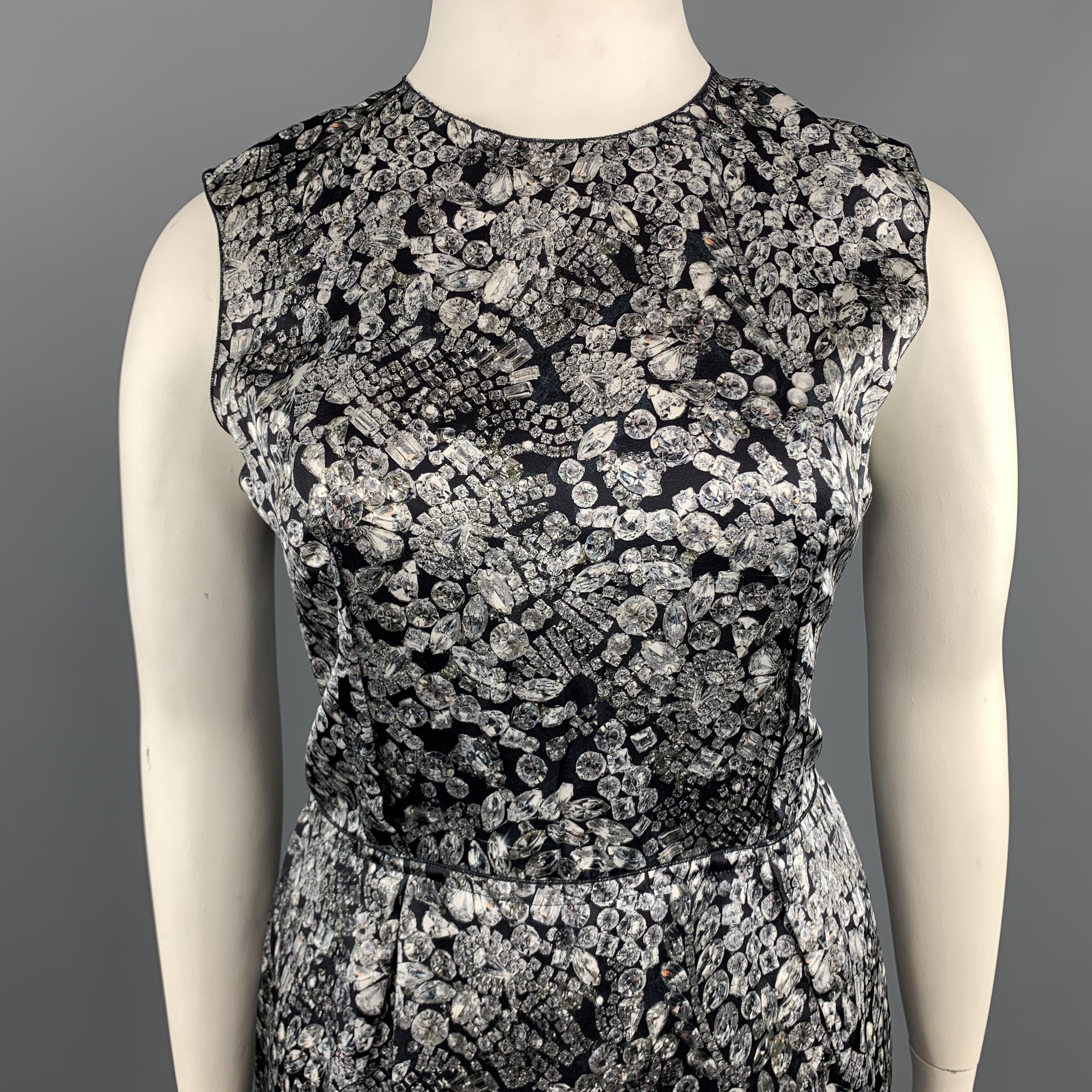 LANVIN Size 8 Grey & Black Diamonds Print Satin Sleeveless Shift Dress In Excellent Condition In San Francisco, CA