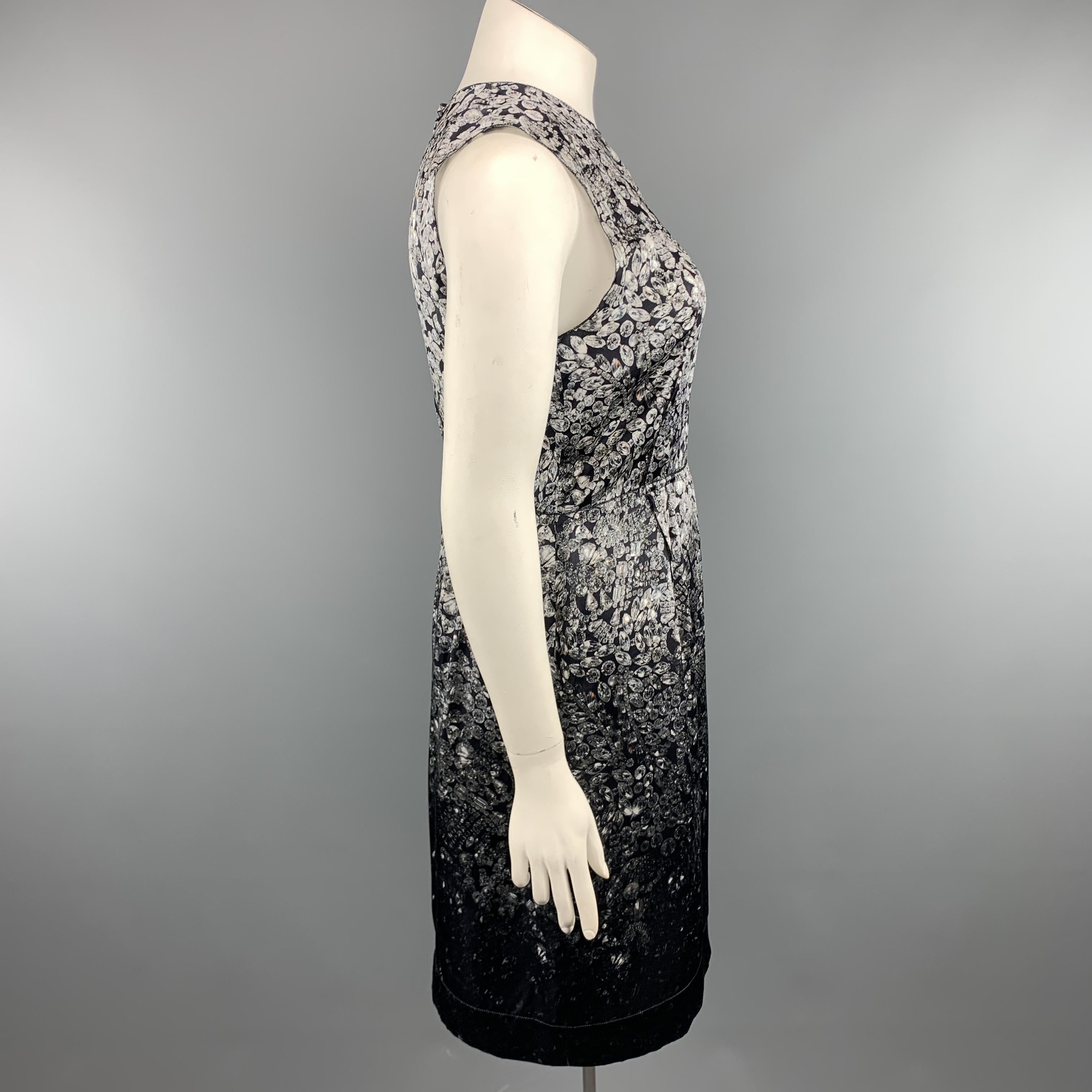LANVIN Size 8 Grey & Black Diamonds Print Satin Sleeveless Shift Dress 3