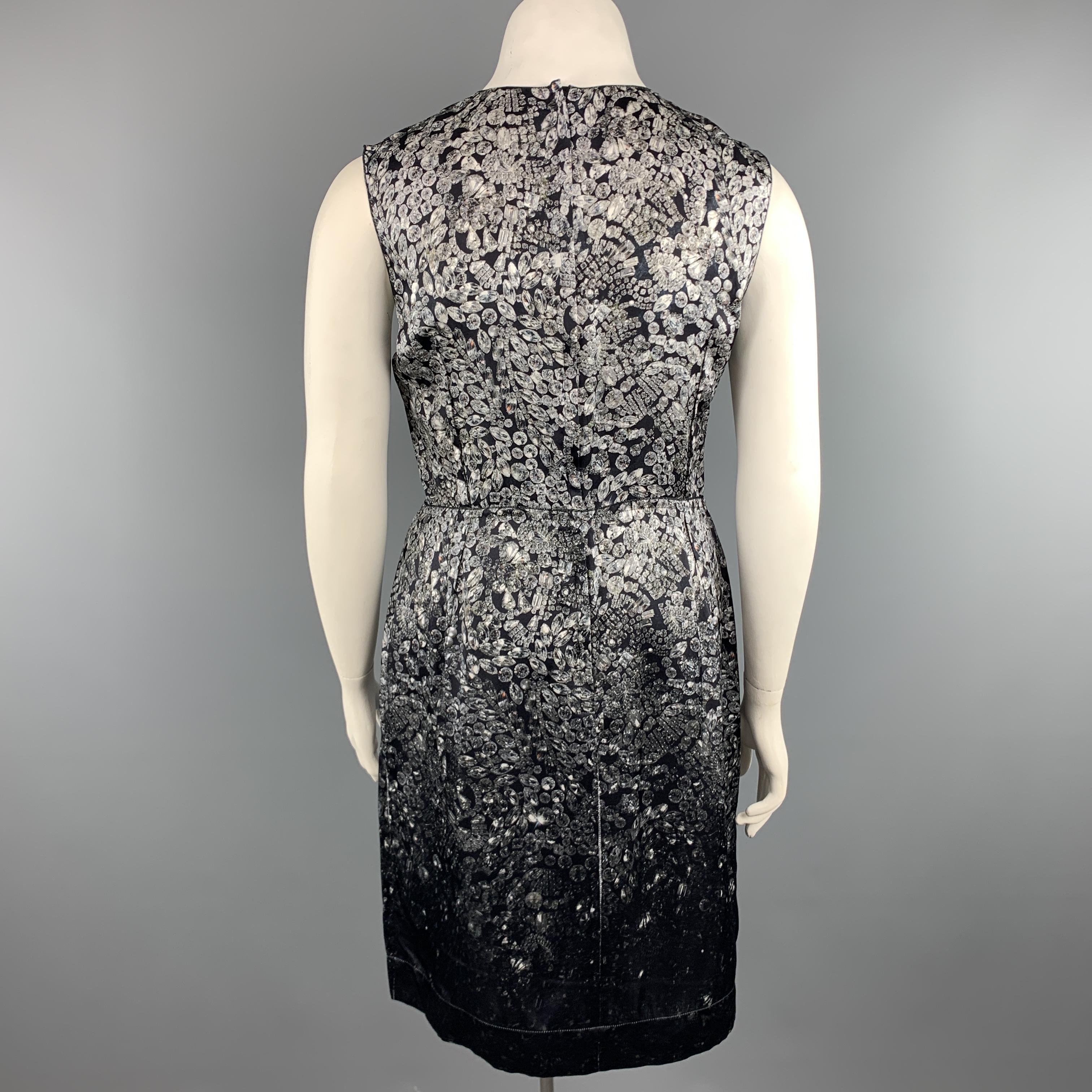 LANVIN Size 8 Grey & Black Diamonds Print Satin Sleeveless Shift Dress 4