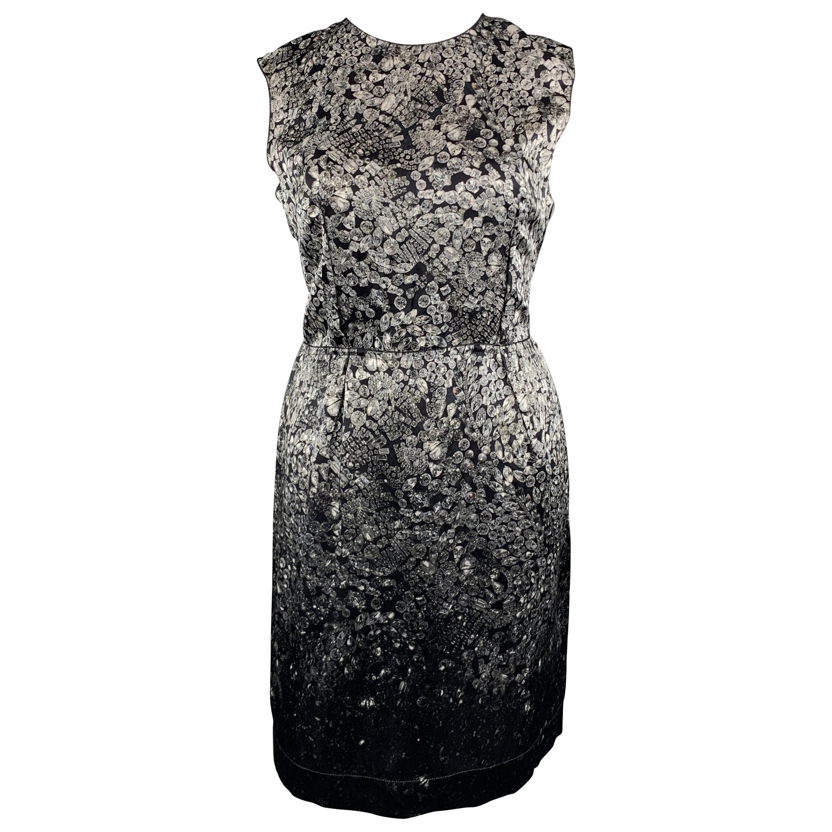 LANVIN Size 8 Grey & Black Diamonds Print Satin Sleeveless Shift Dress