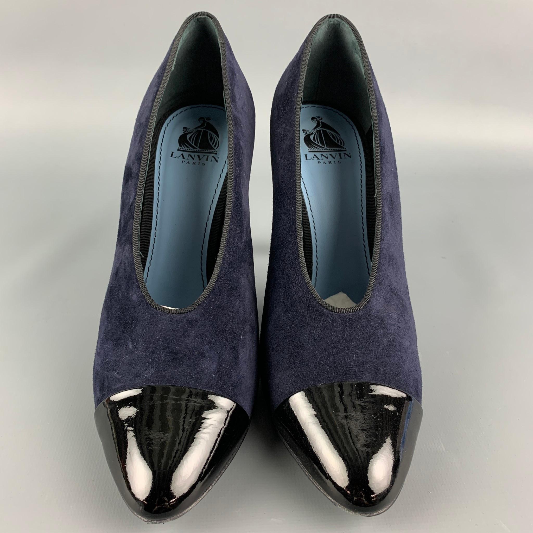 LANVIN Size 8 Navy Suede Patent Leather Cap Toe Pumps In Good Condition In San Francisco, CA