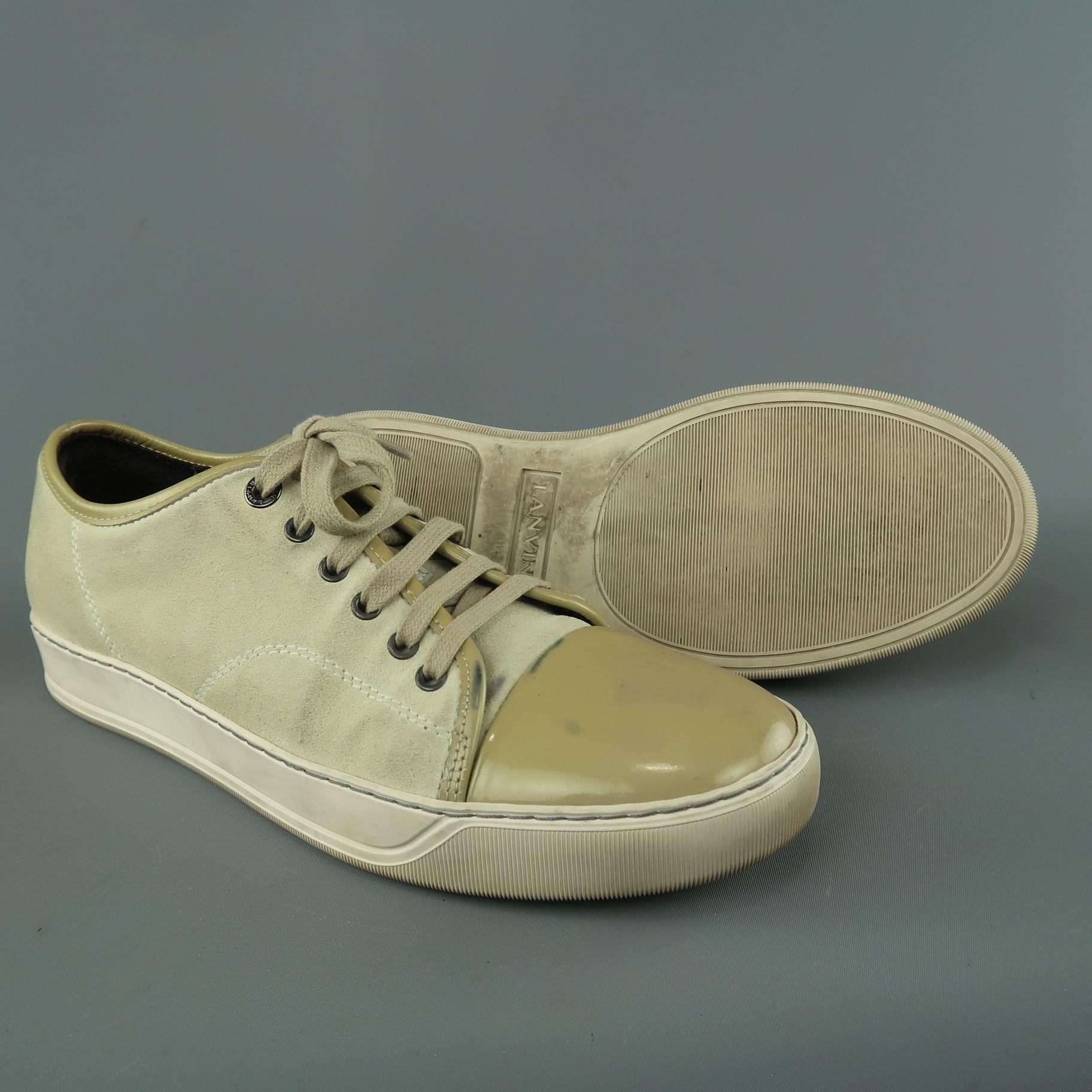 Men's LANVIN Size 9 Beige Suede & Patent Leather Lace Up Sneakers