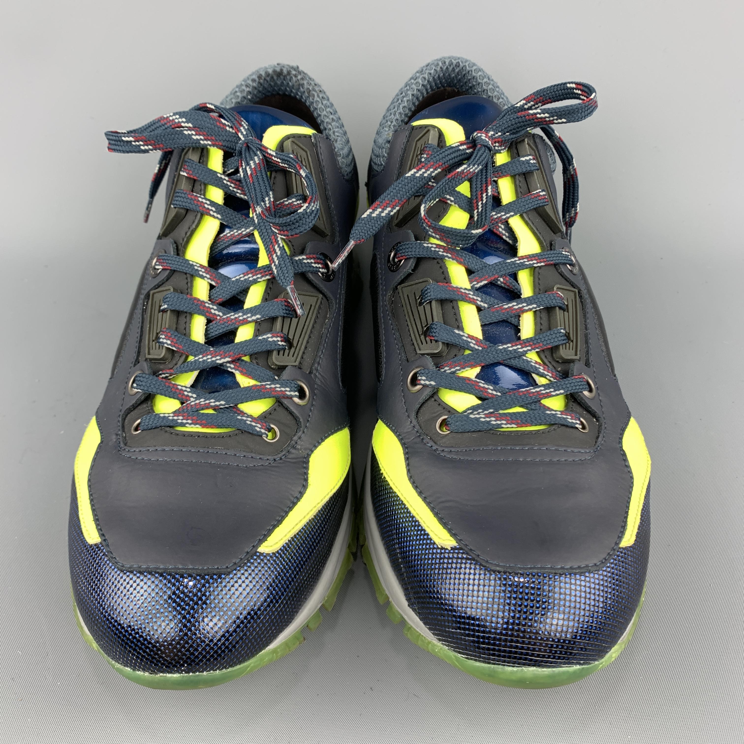 LANVIN Size 9 Black Color Block Neon & Navy Leather Lace Up Sneakers In Excellent Condition In San Francisco, CA