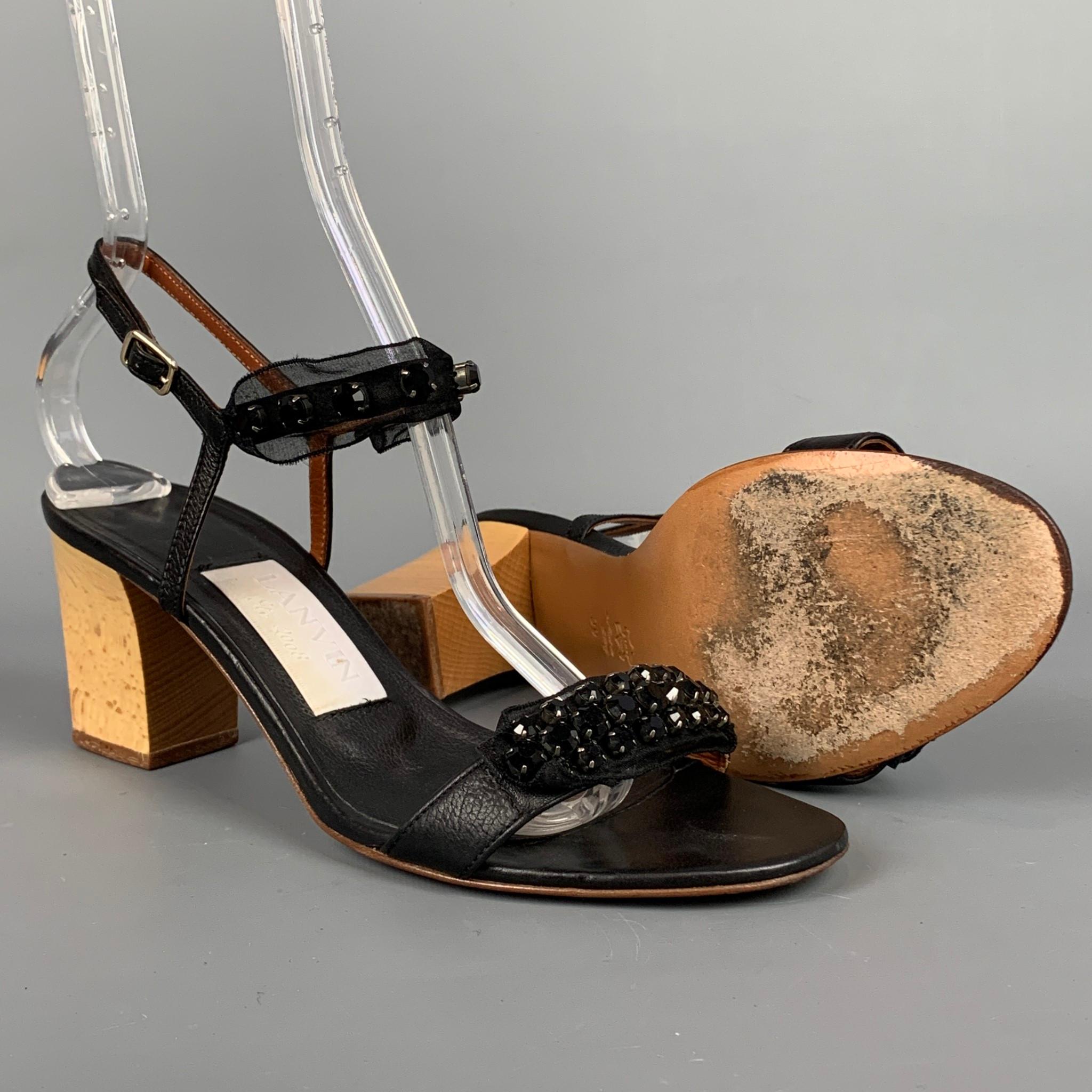 LANVIN Size 9 Black Leather Silk Ribbon Sandals In Good Condition In San Francisco, CA
