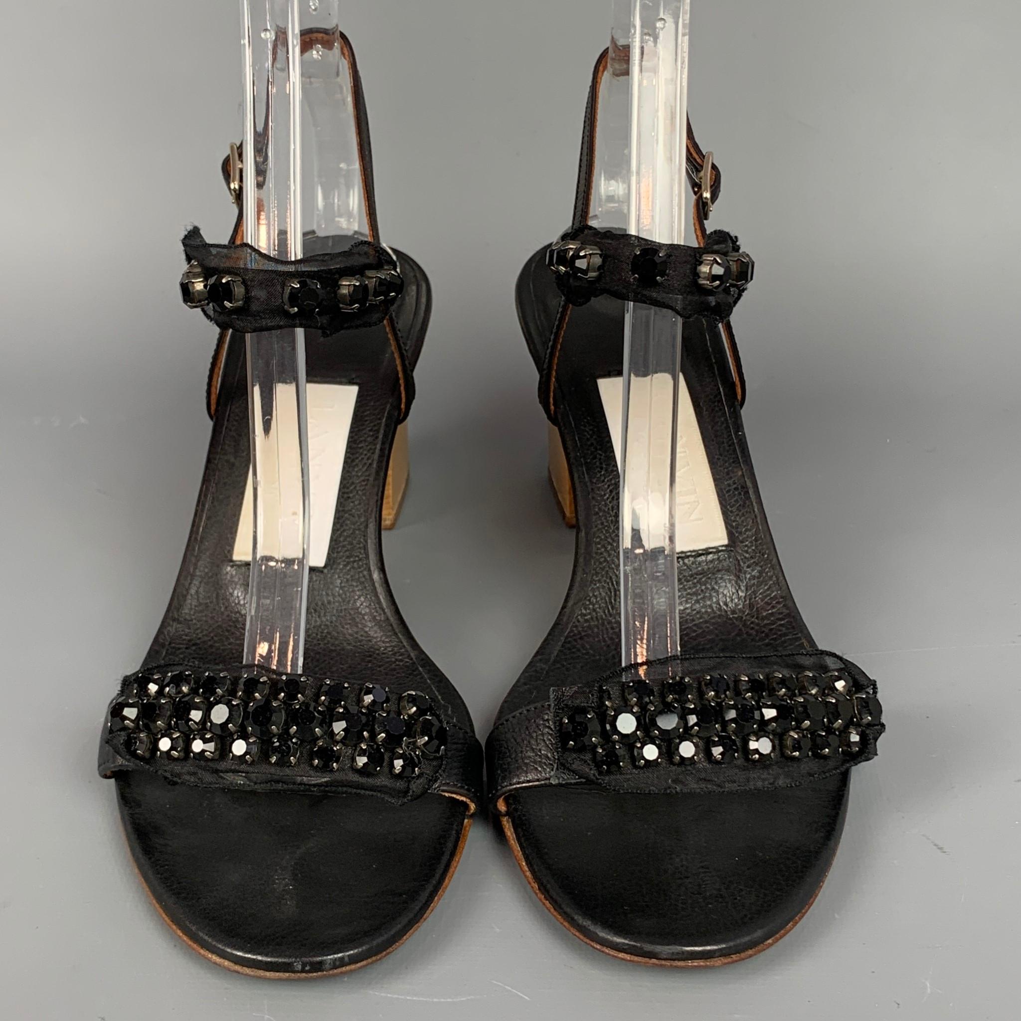 Women's LANVIN Size 9 Black Leather Silk Ribbon Sandals