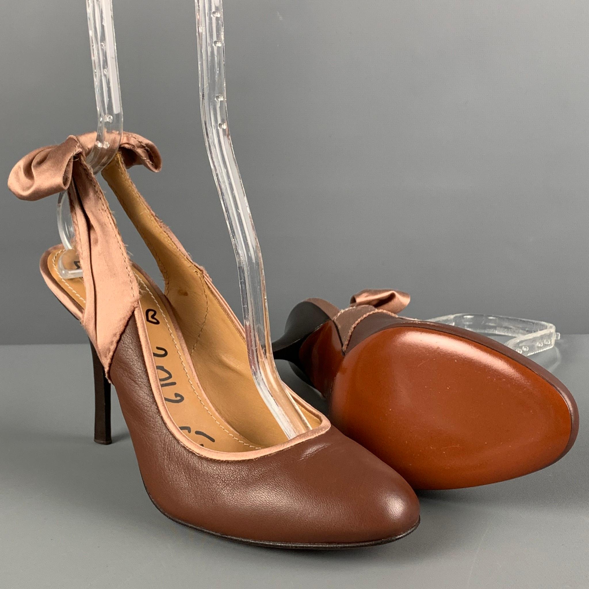 LANVIN Size 9 Brown Pink Leather Satin Slingback Pumps In Good Condition In San Francisco, CA