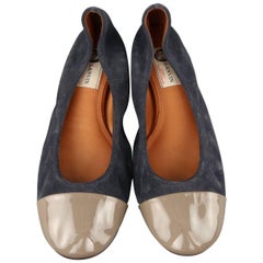 LANVIN Size 9 Navy Suede Gray Patent Leather Cap Toe Ballet Flats