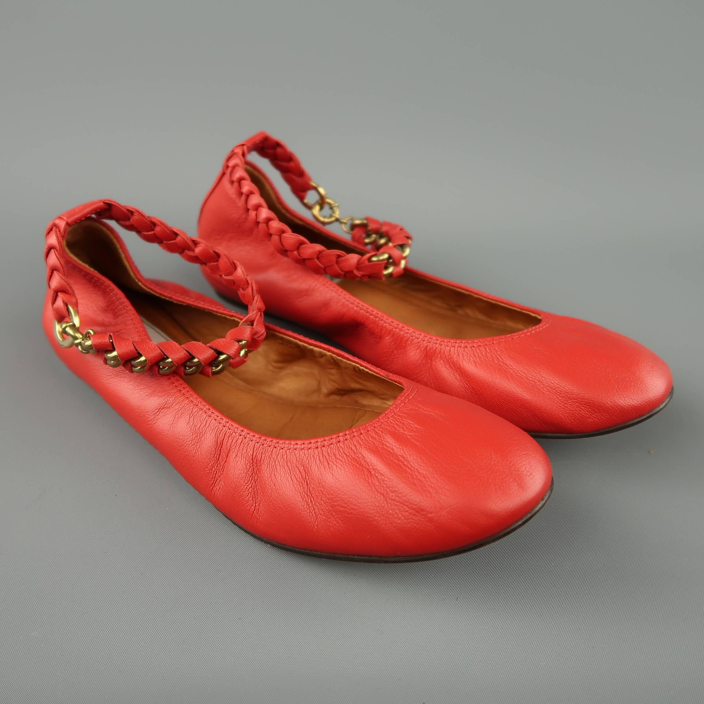 LANVIN Size 9 Red Leather Braided Chain Ankle Strap Flats 1