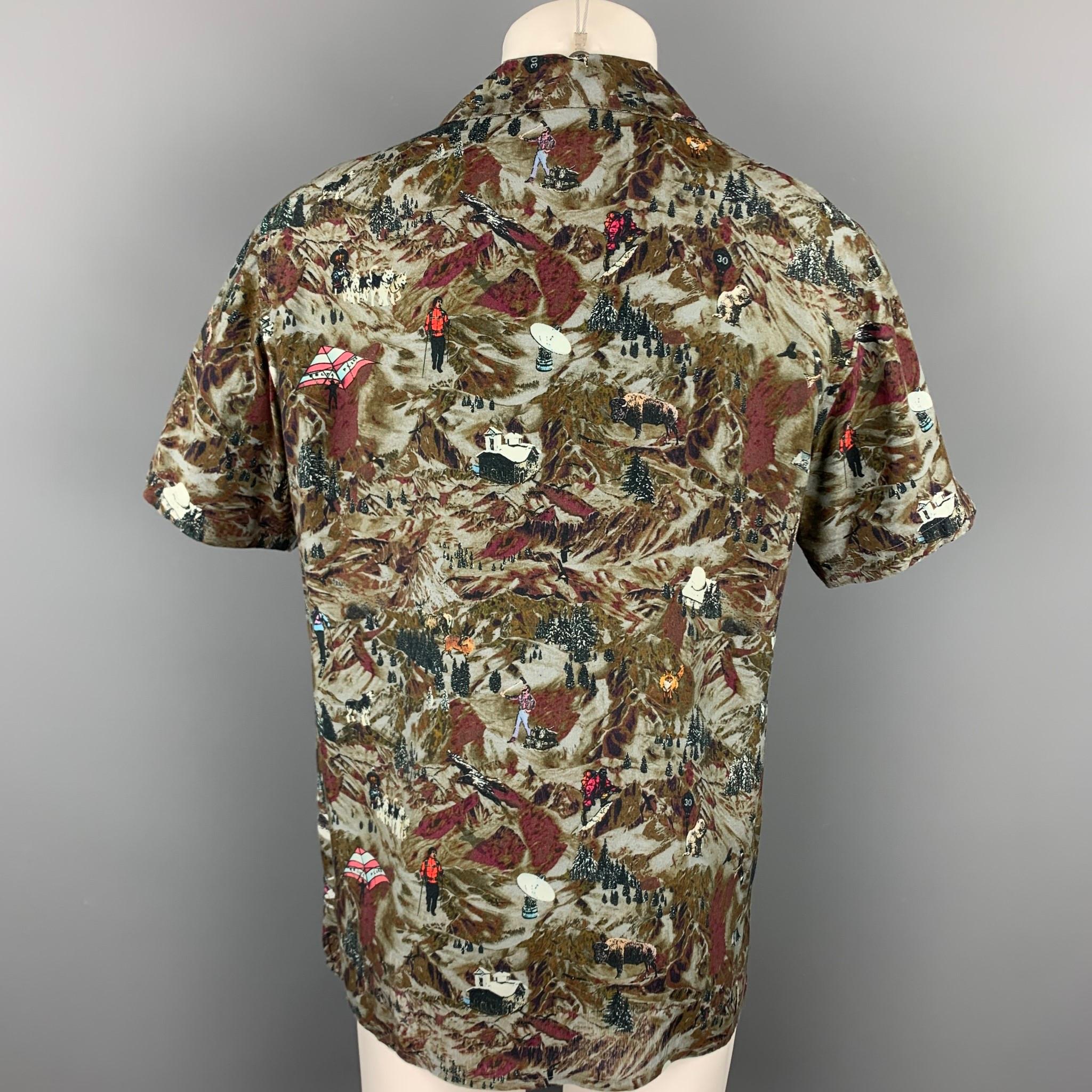 LANVIN Size L Grey & Brown Print Viscose Camp Short Sleeve Shirt In Good Condition In San Francisco, CA