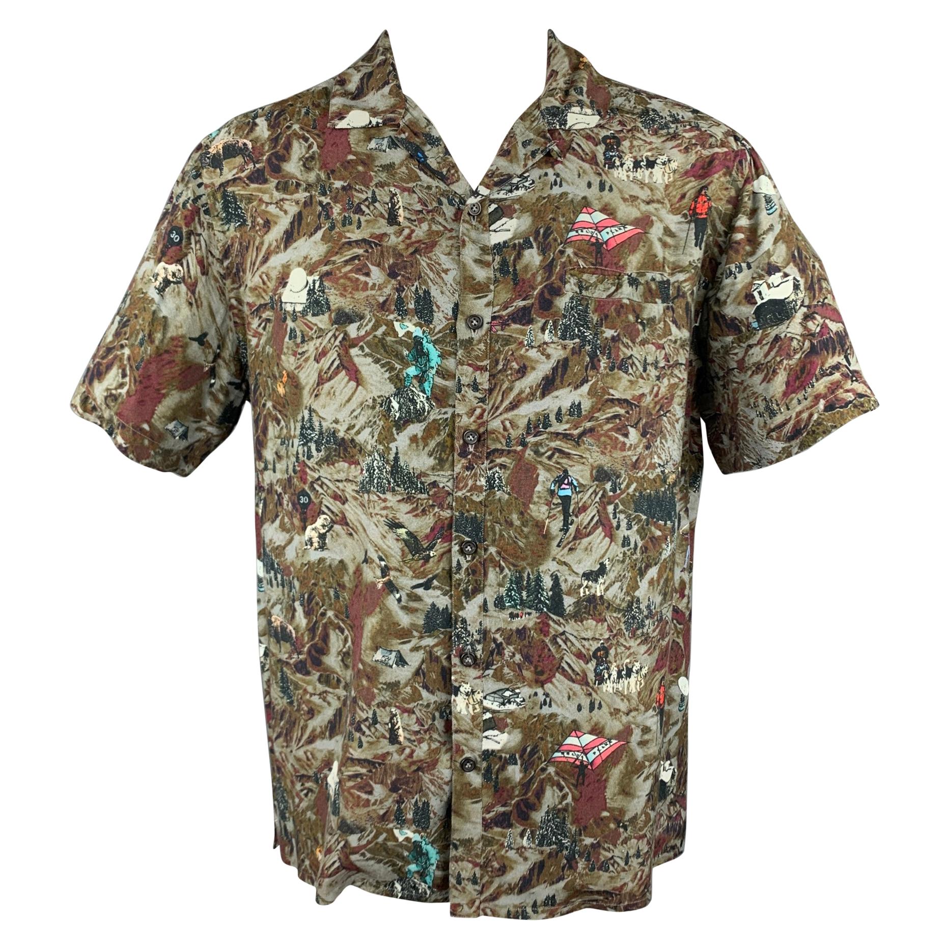 LANVIN Size L Grey & Brown Print Viscose Camp Short Sleeve Shirt