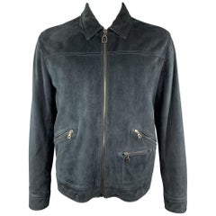 LANVIN Size L Navy Suede Zip Blouson Jacket