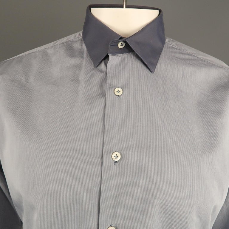 LANVIN Size M Navy Solid Cotton Contrast Collar Long Sleeve Shirt at ...
