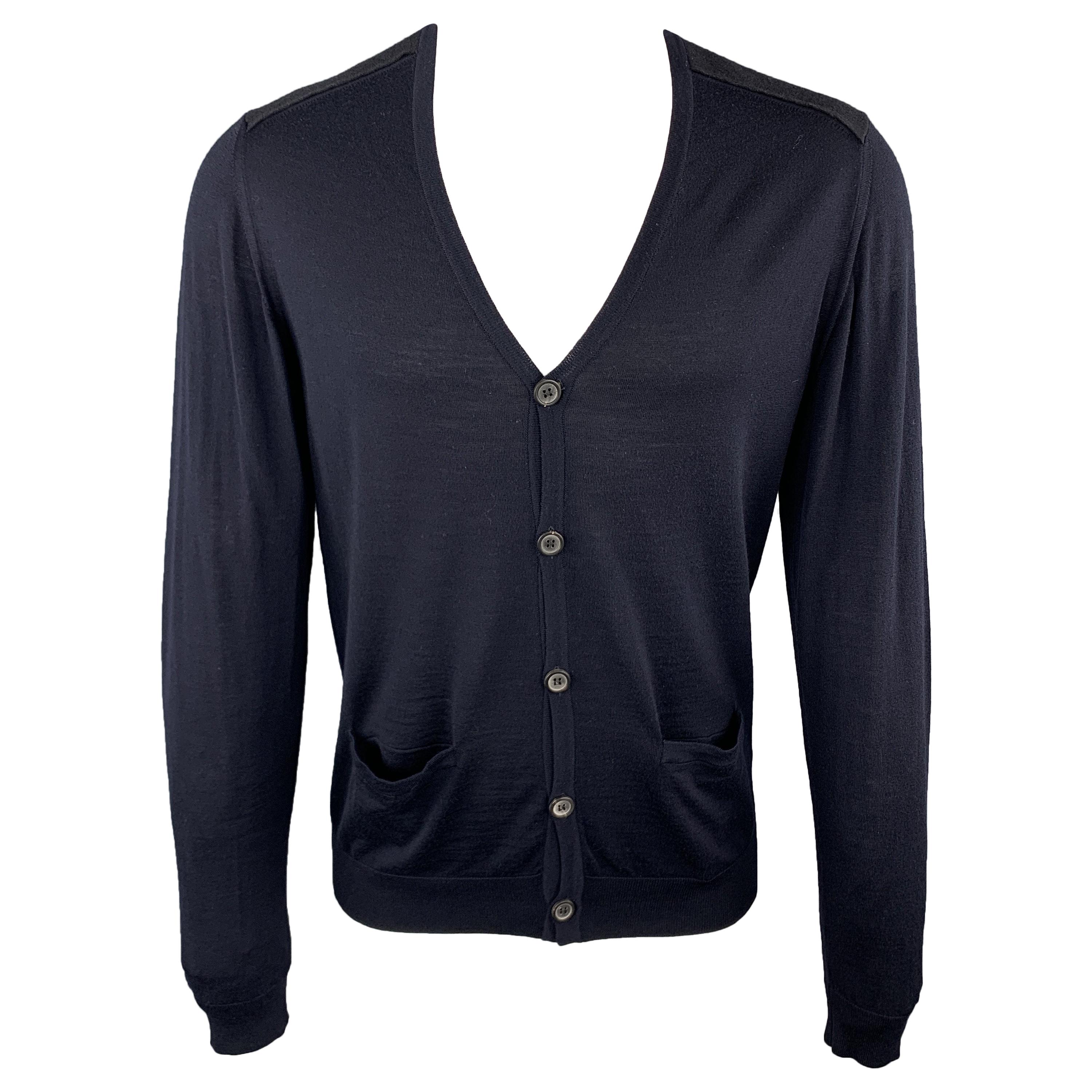 LANVIN Size M Navy Wool Vneck Slit Pockets Elbow Patches Cardigan
