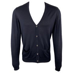 LANVIN Size M Navy Wool V-neck Slit Pockets Elbow Patches Cardigan Sweaters