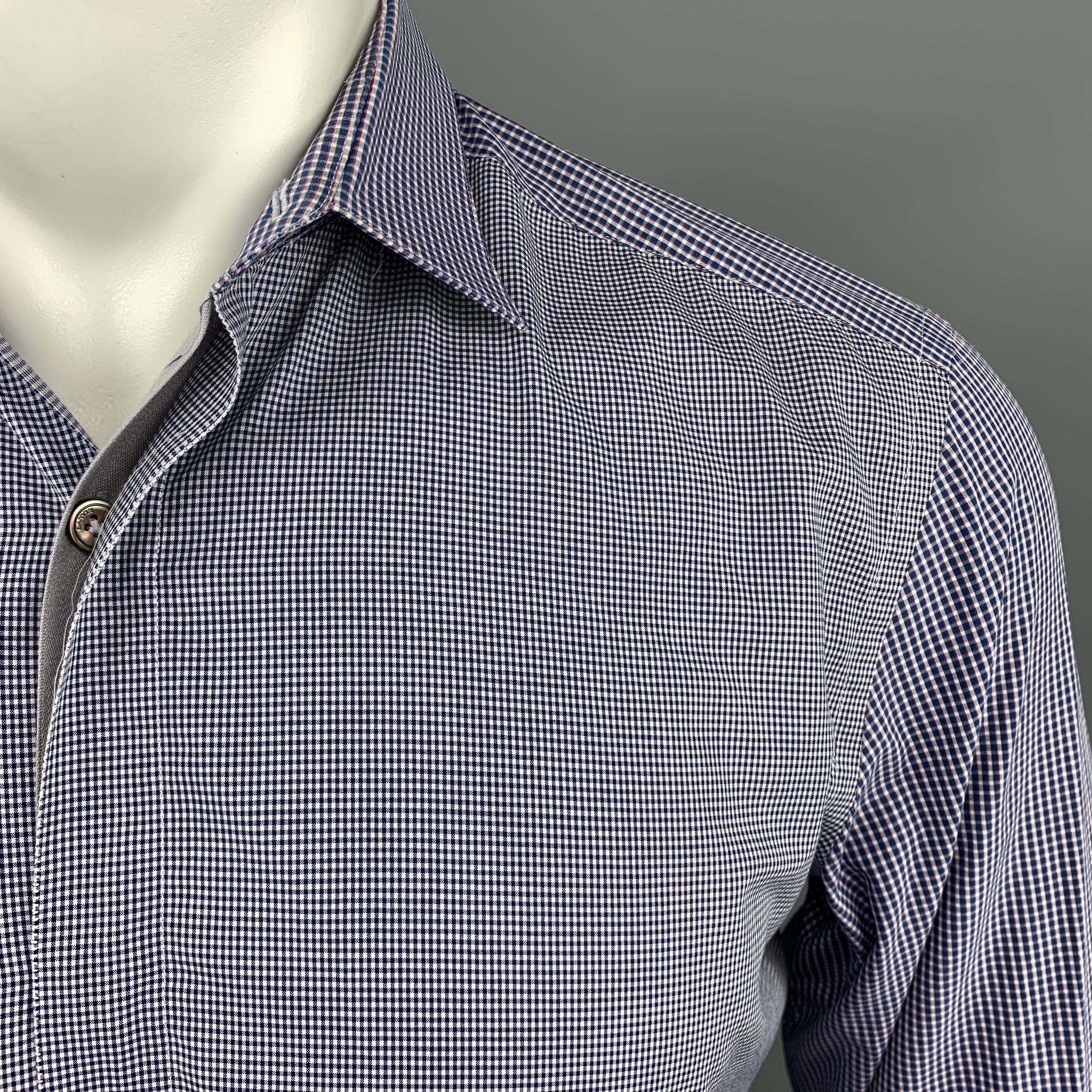 Gray LANVIN Size S Blue Plaid Cotton Mixed Fabrics Hidden Buttons Long Sleeve Shirt