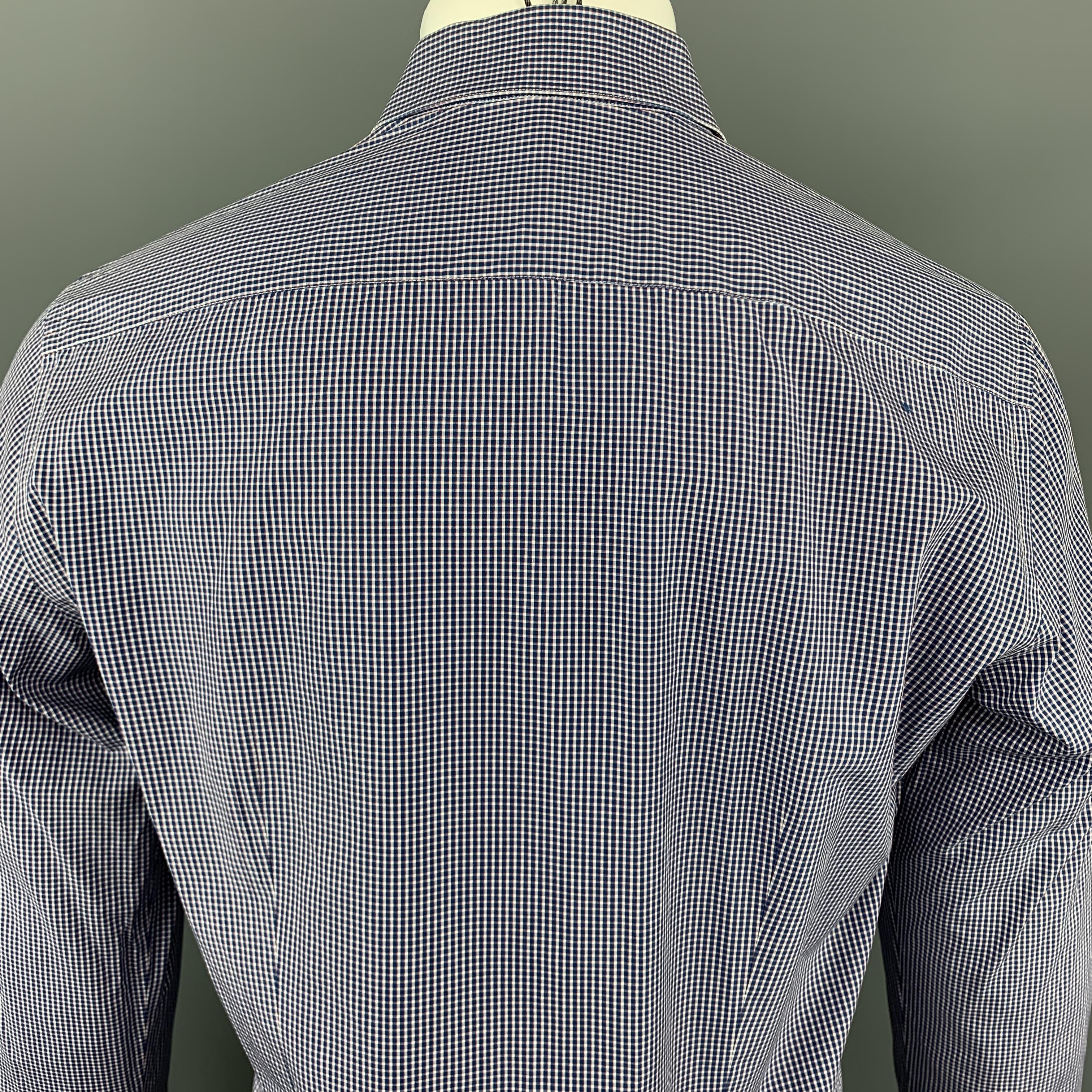 Men's LANVIN Size S Blue Plaid Cotton Mixed Fabrics Hidden Buttons Long Sleeve Shirt