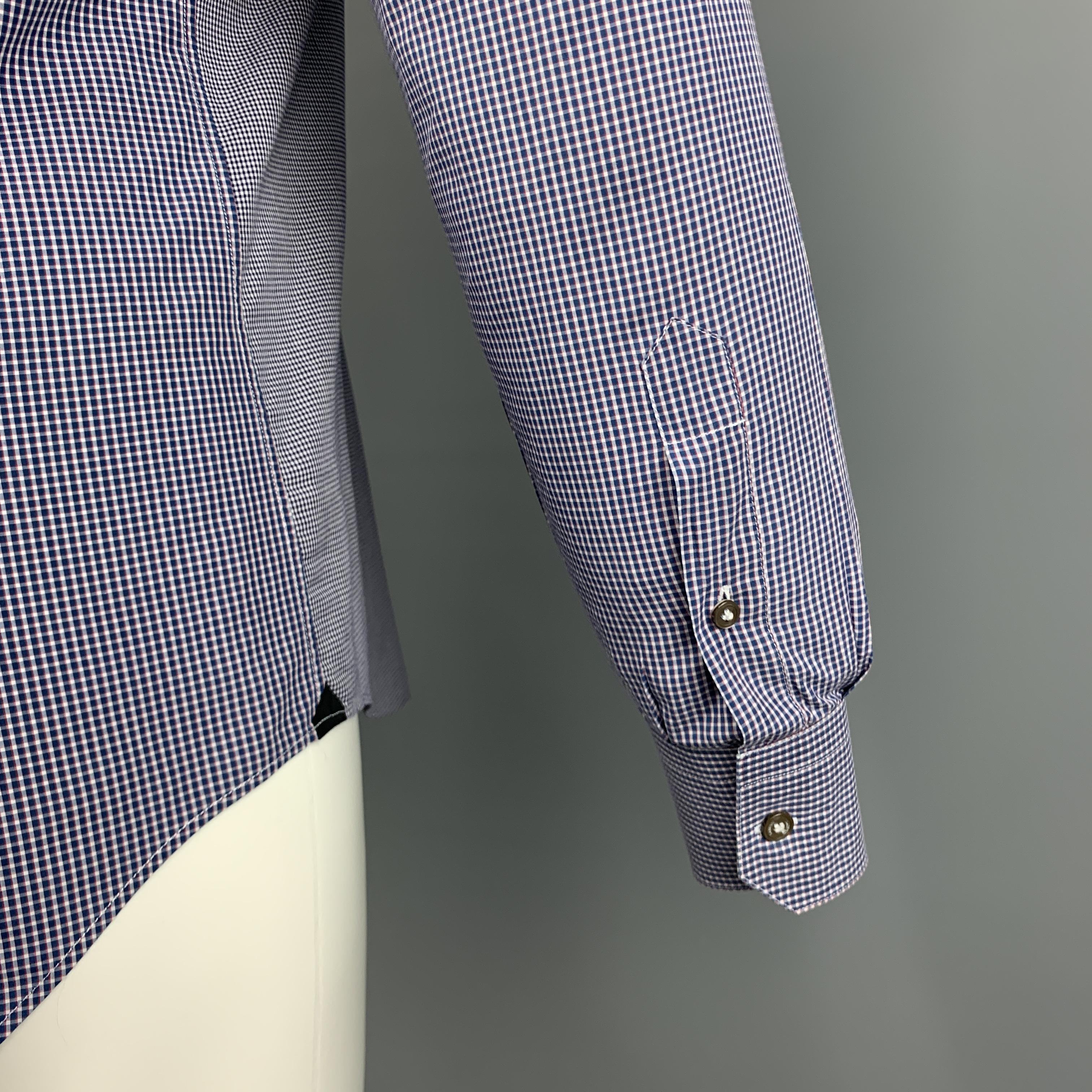 LANVIN Size S Blue Plaid Cotton Mixed Fabrics Hidden Buttons Long Sleeve Shirt 1