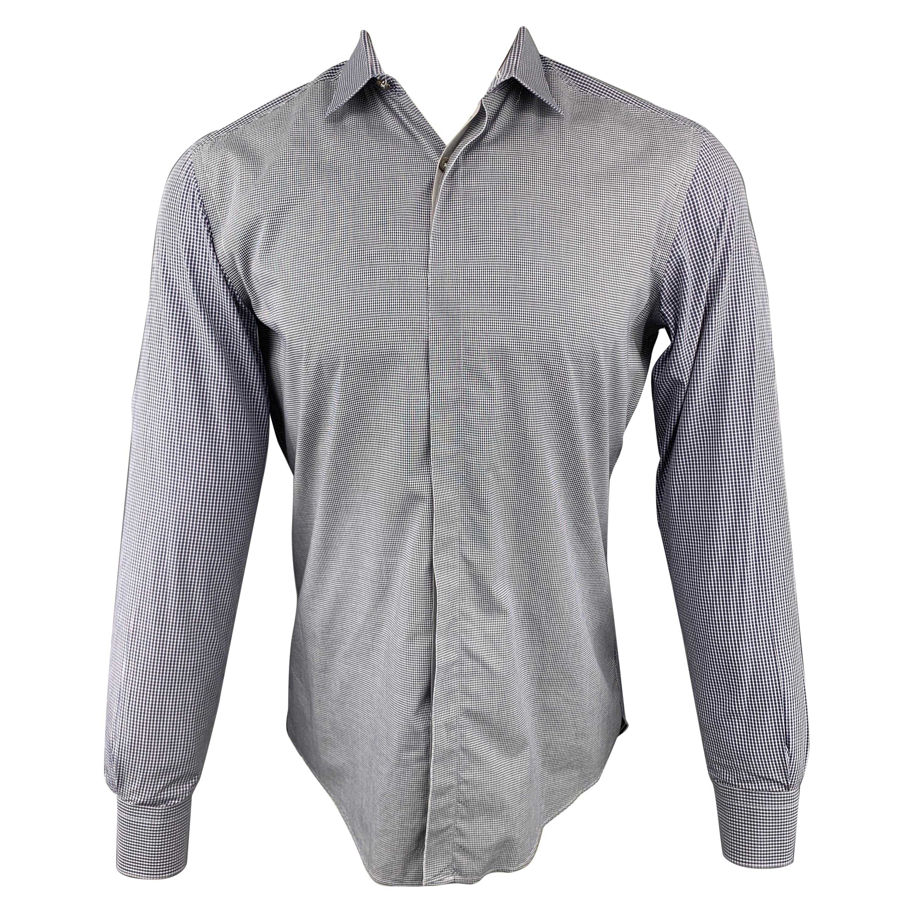 LANVIN Size S Blue Plaid Cotton Mixed Fabrics Hidden Buttons Long Sleeve Shirt
