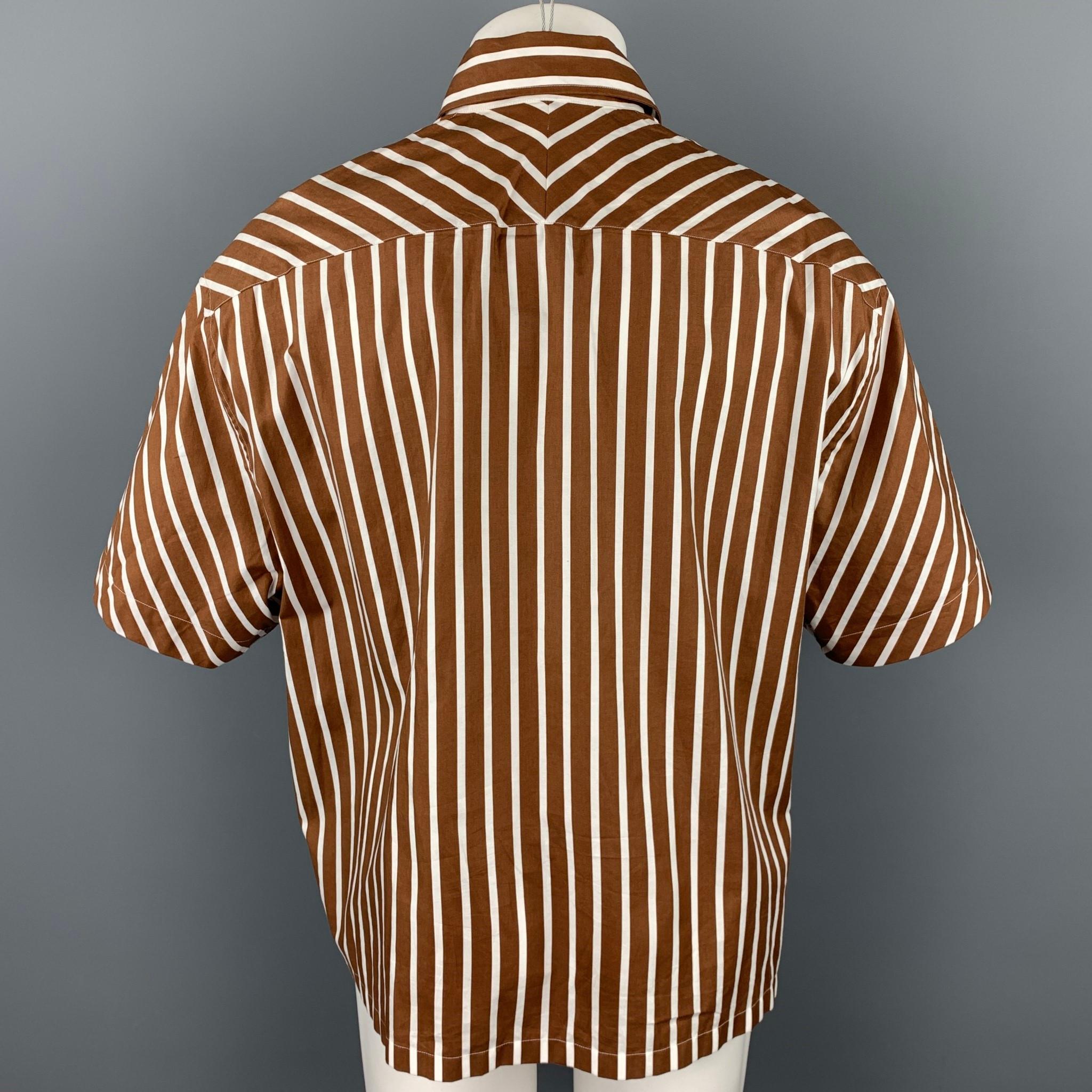 LANVIN Size S Brown & White Stripe Cotton Button Up Short Sleeve Shirt In Good Condition In San Francisco, CA