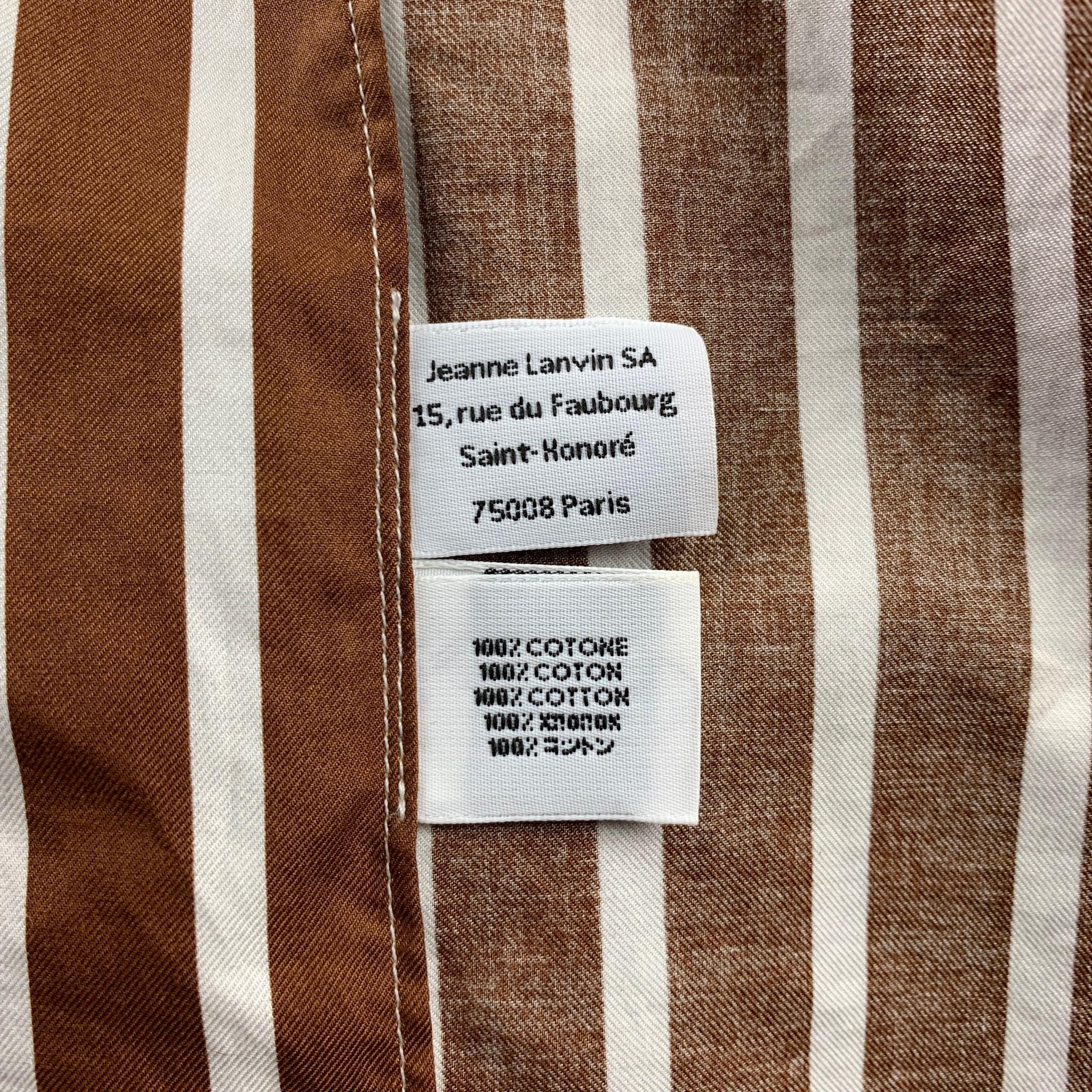 Men's LANVIN Size S Brown & White Stripe Cotton Button Up Short Sleeve Shirt