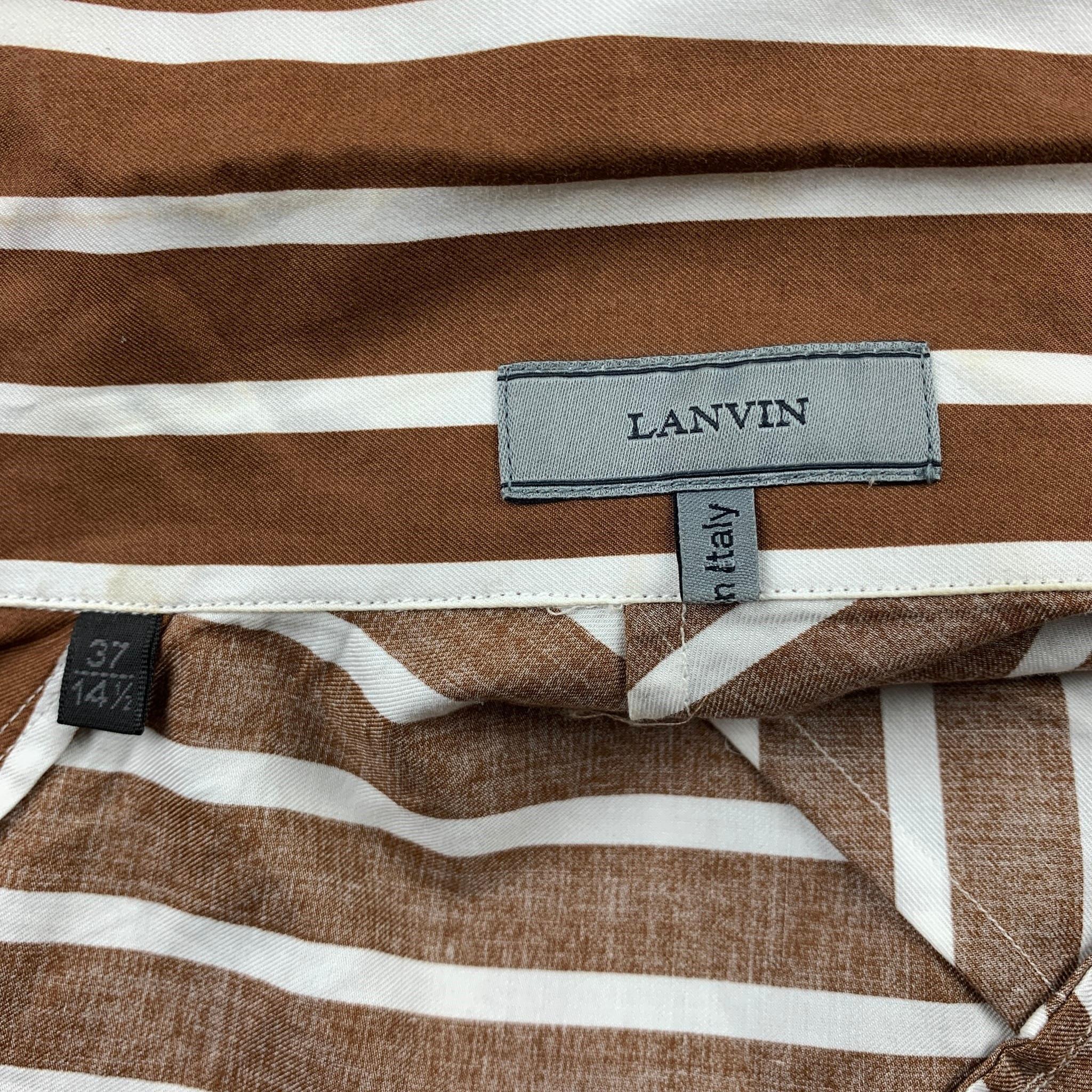 LANVIN Size S Brown & White Stripe Cotton Button Up Short Sleeve Shirt 1