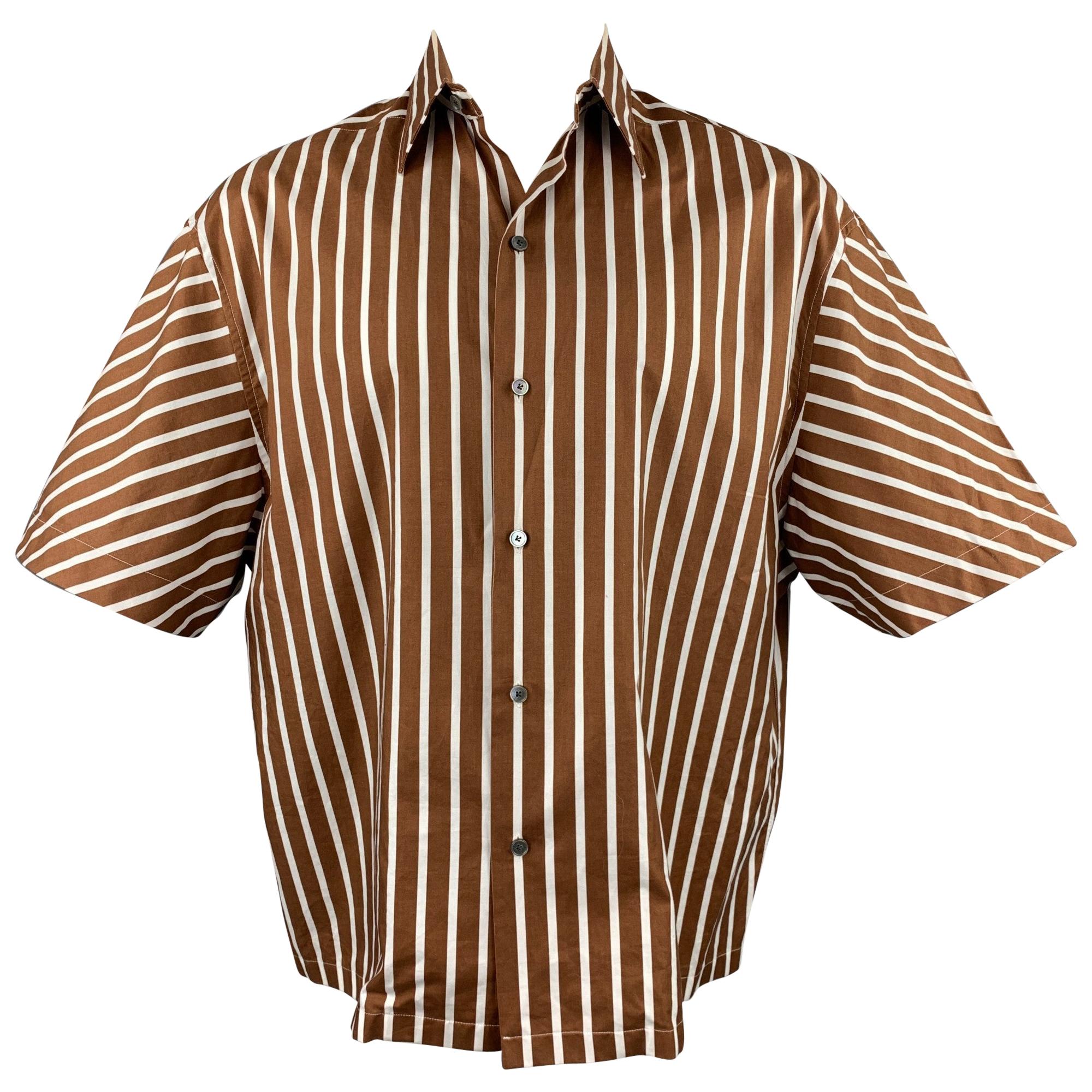 LANVIN Size S Brown & White Stripe Cotton Button Up Short Sleeve Shirt