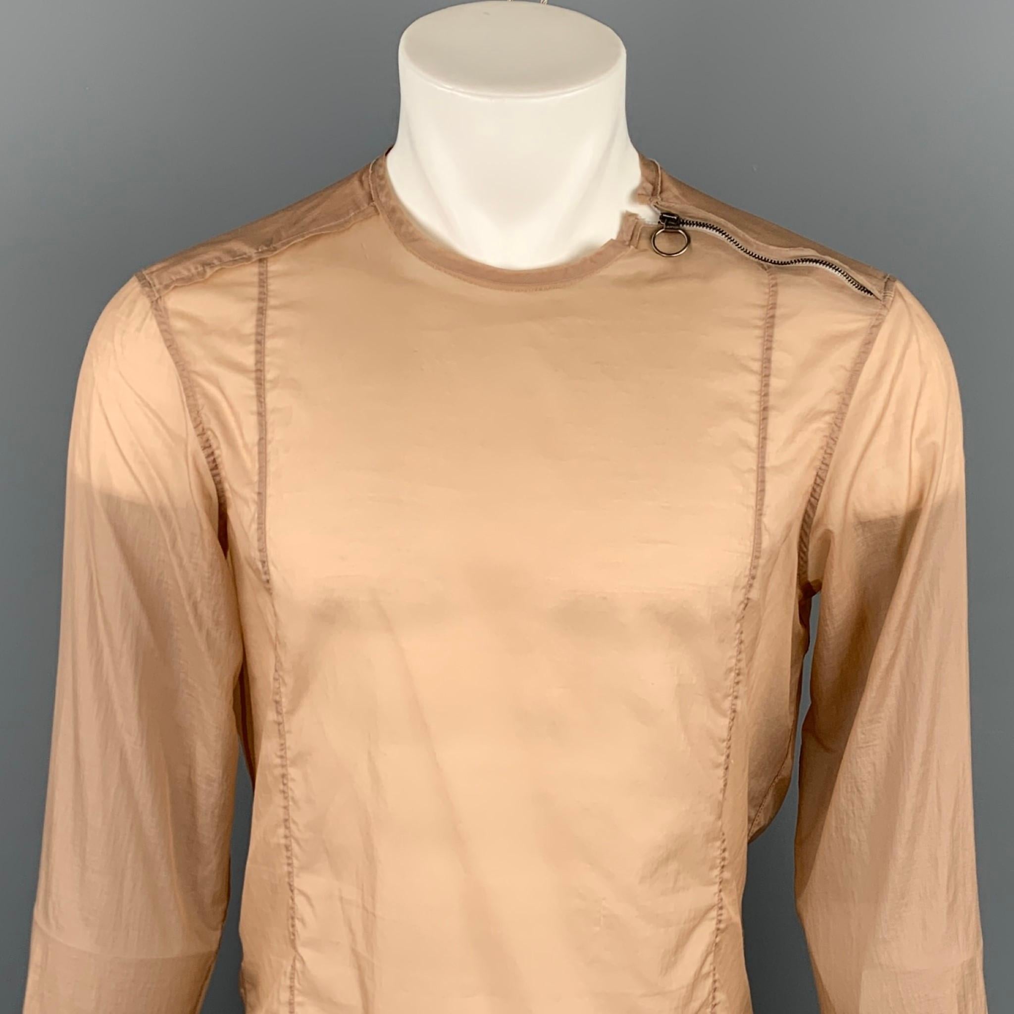 LANVIN long sleeve shirt comes in a tan polyamide blend featuring a slim fit, top stitching, buttoned sleeves, and a side zipper closure. Made in Italy.

Very Good Pre-Owned Condition.
Marked: 39/15.5

Measurements:

Shoulder: 18 in.
Chest: 42