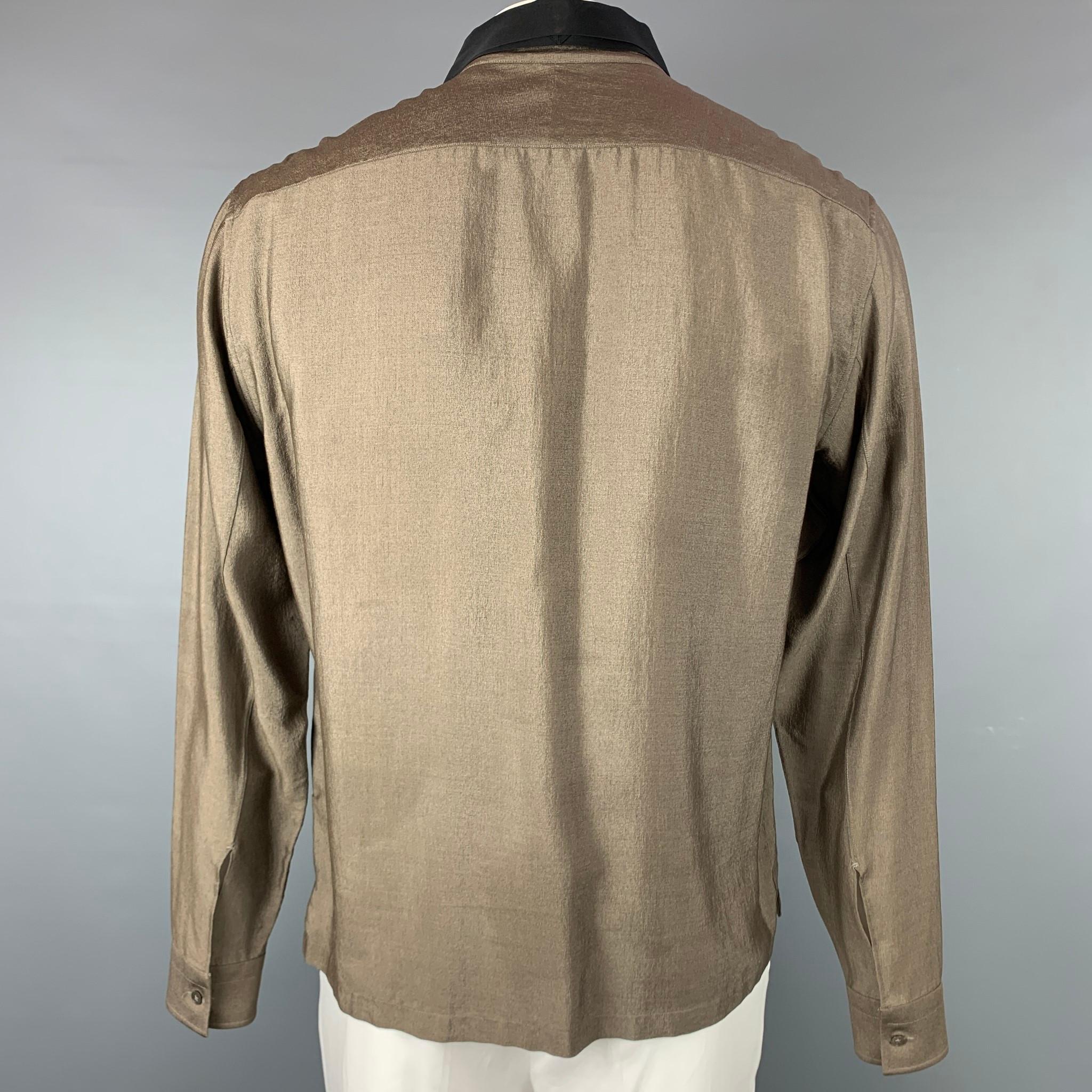 Brown LANVIN Size XL Olive & Black Silk / Wool Long Sleeve Shirt
