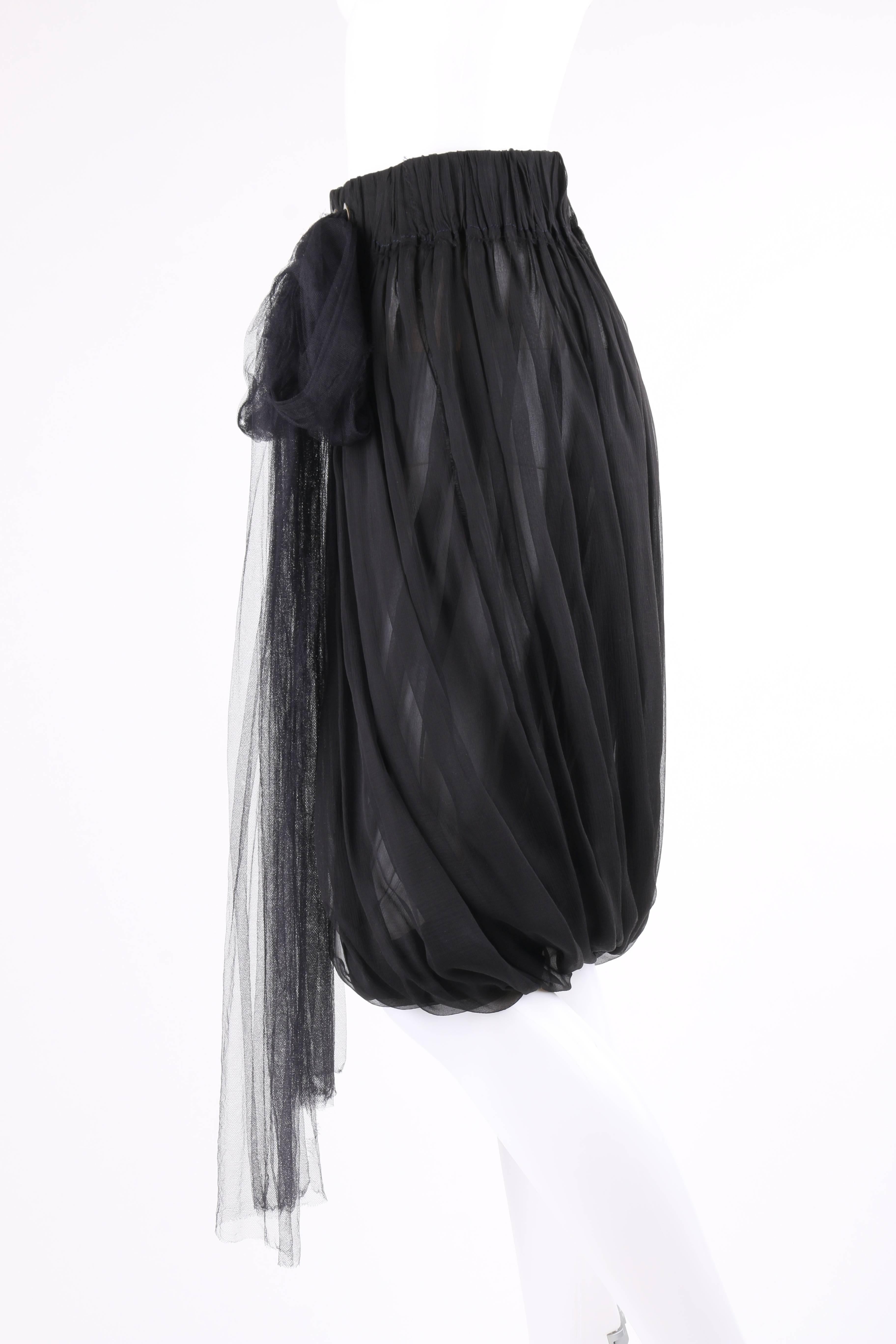 Women's LANVIN S/S 2006 Black Semi Sheer Silk Chiffon Tulle Tie Pleated Bubble Skirt