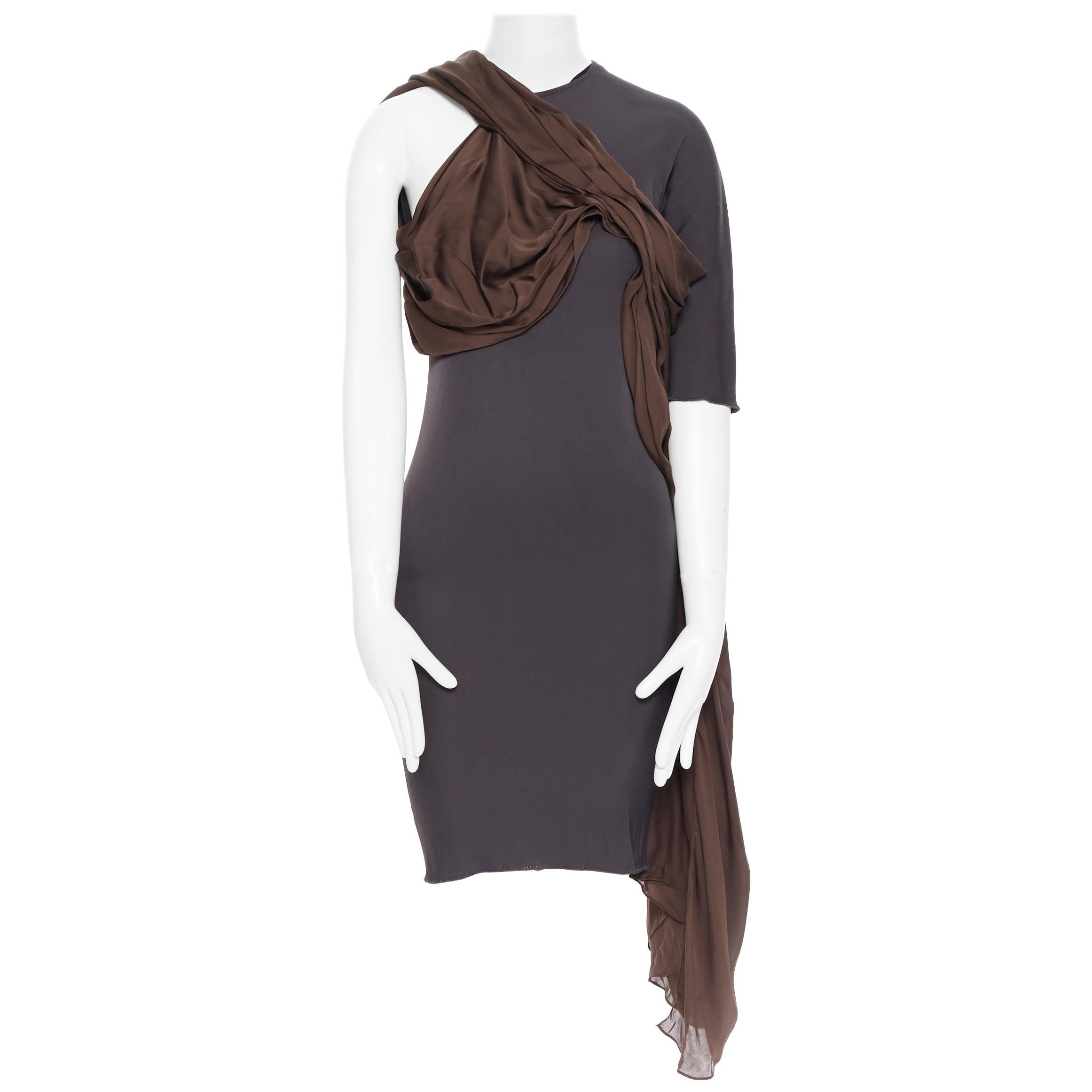 LANVIN SS11 dark brown viscose bodice asymmetric draped silk dress  FR36 S