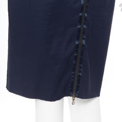 LANVIN SS14 navy blue linen blend exposed zipper pencil skirt FR34 XS 26"