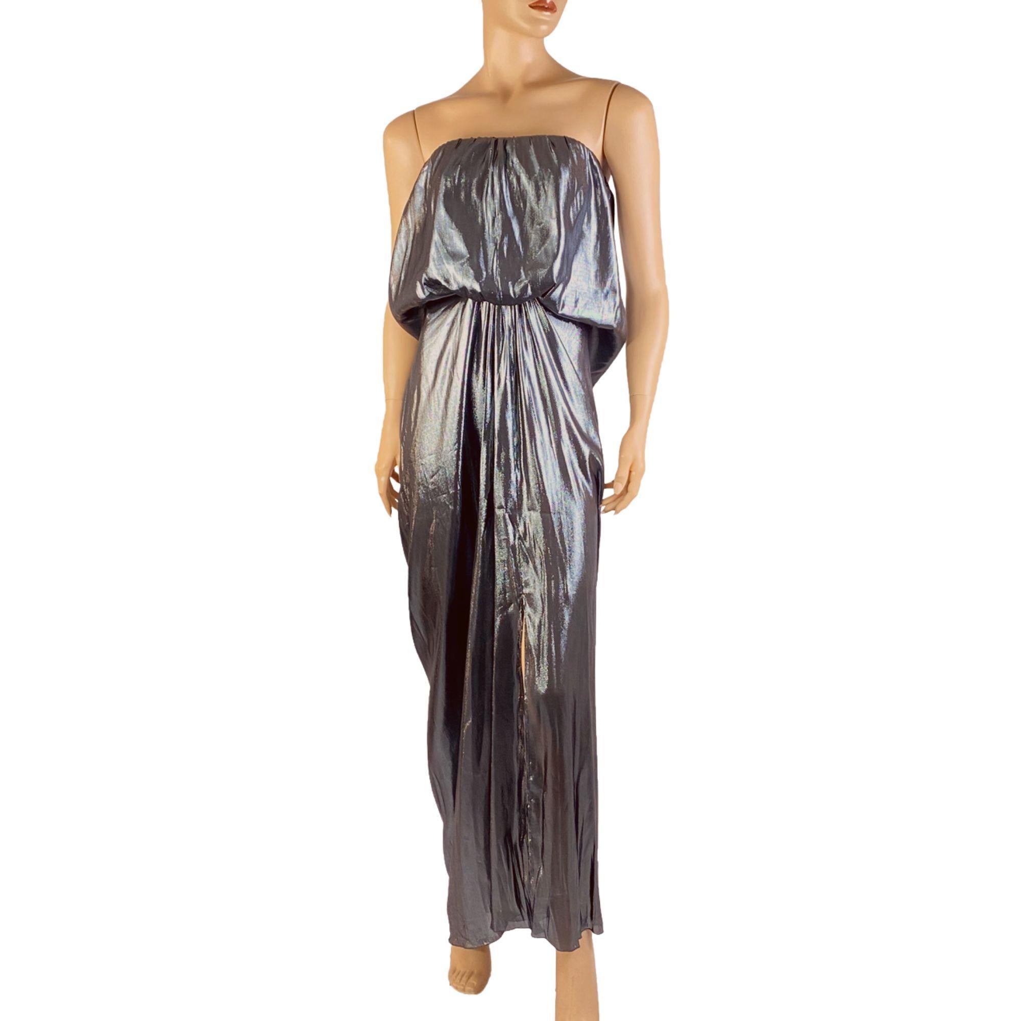 Lanvin strapless draped metallic silver maxi dress. Gathered at the waist to give a beautiful silhouette. Hem is ankle length.

Condition: Good, consistent with a one time wear
Tag Size: FR 40 / UK 10 / EU 38