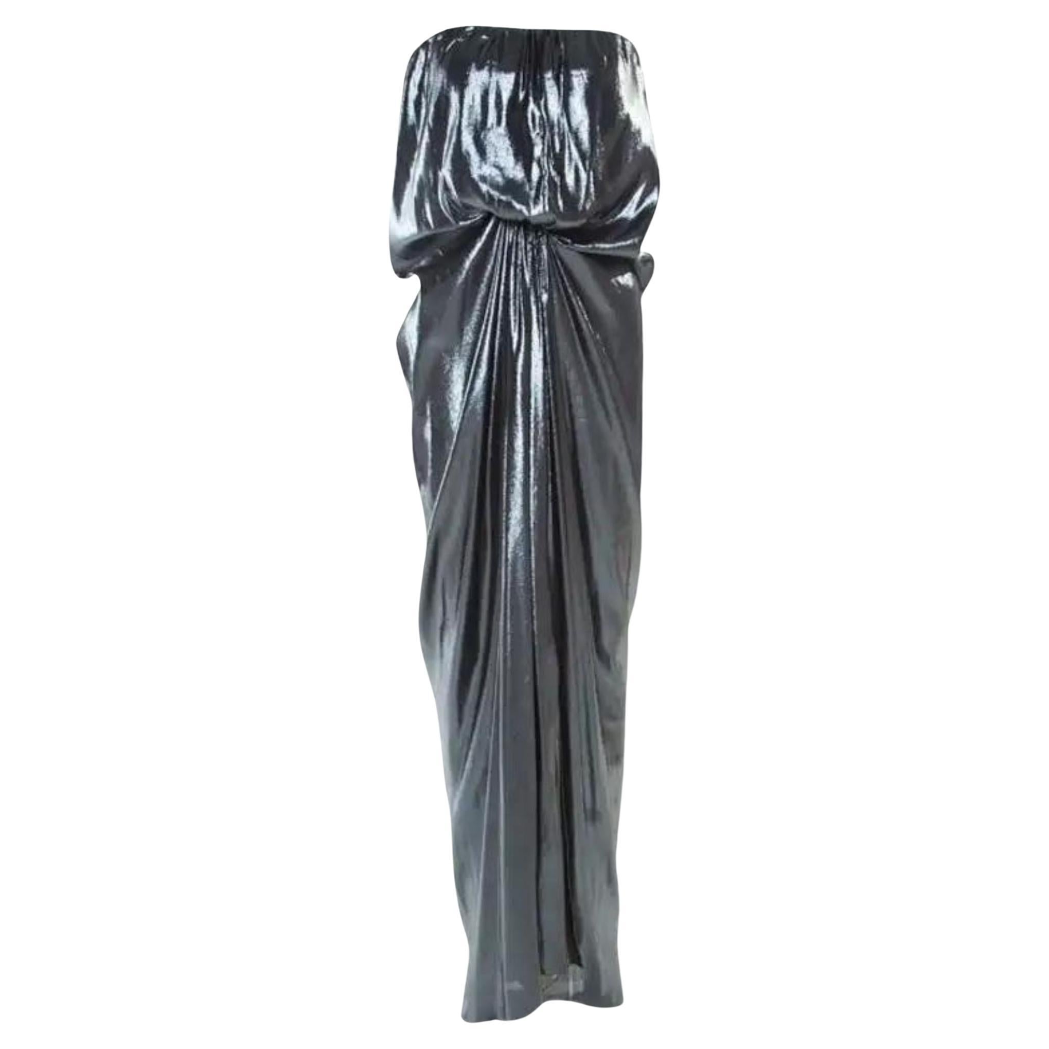 Lanvin Strapless Draped Metallic Silver Dress For Sale
