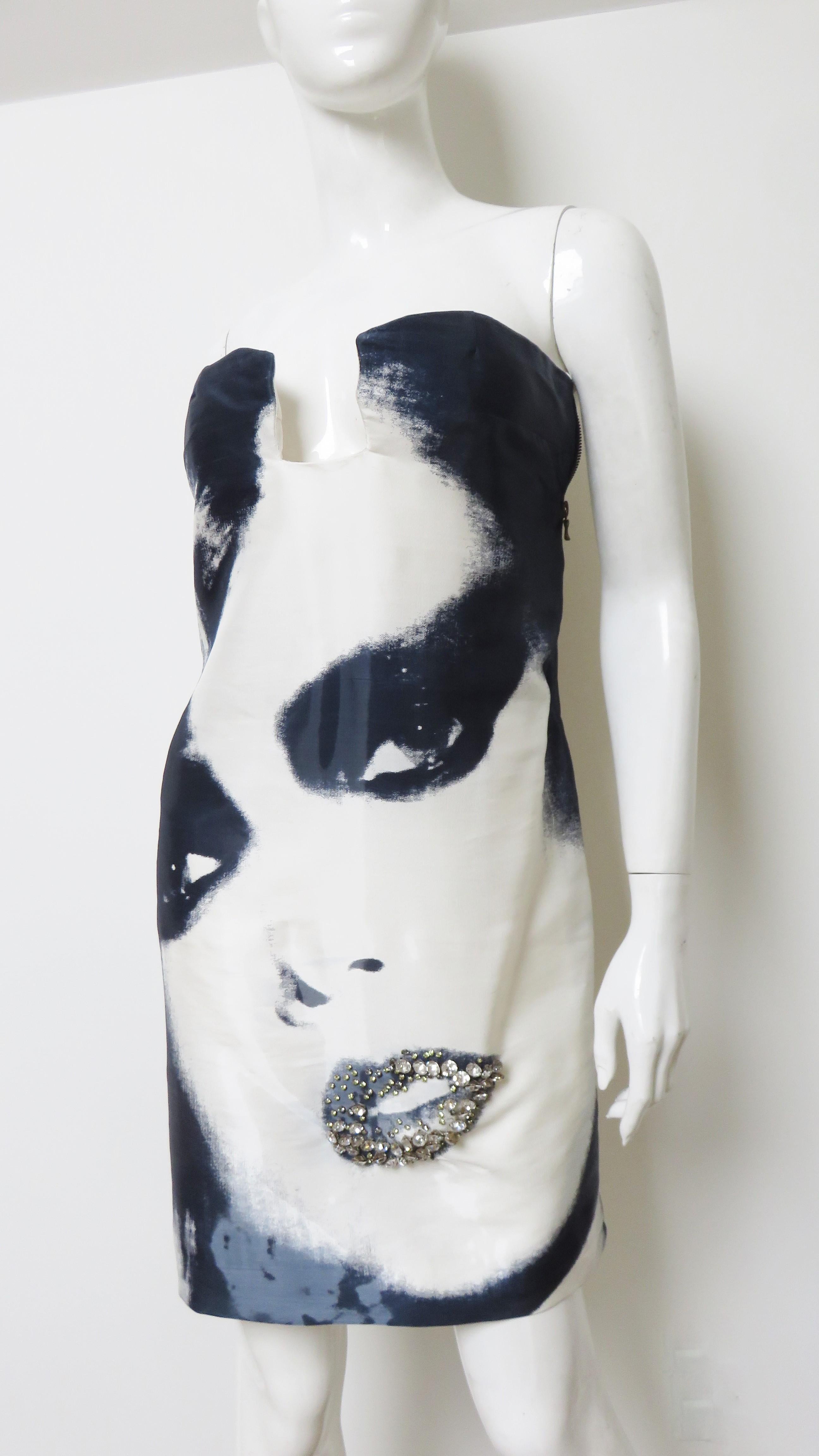 Gray Lanvin Strapless Face Print Strapless Silk Dress S/S 2007