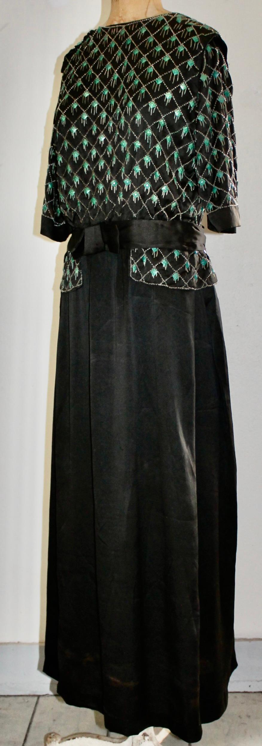 Lanvin Style Embroidered Deco Silk Crepe Black Dress For Sale 7