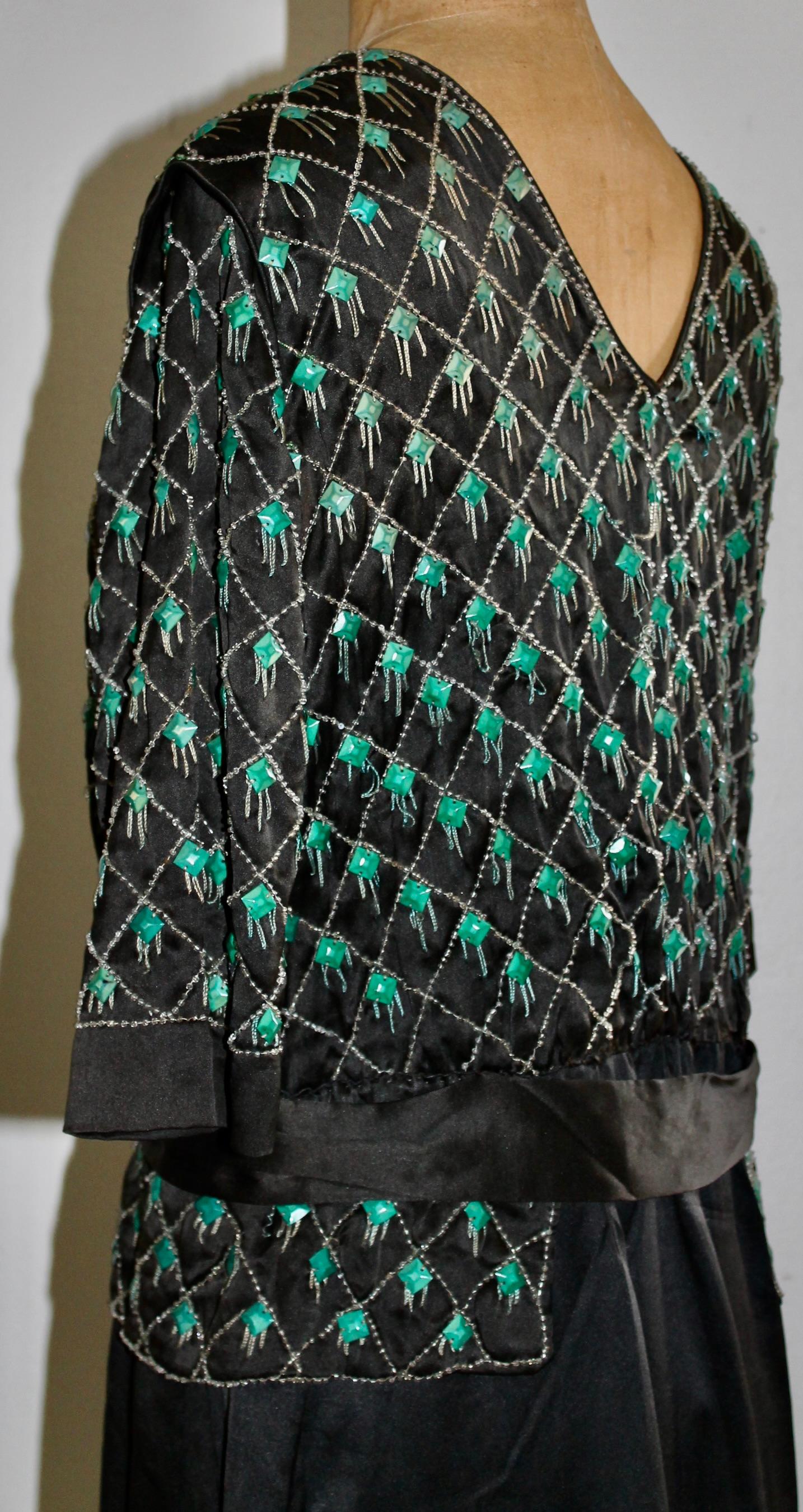 Lanvin Style Embroidered Deco Silk Crepe Black Dress For Sale 9