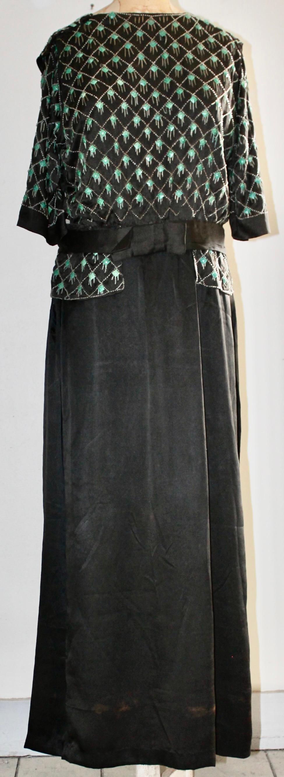 Lanvin Style Embroidered Deco Silk Crepe Black Dress In Good Condition For Sale In Sharon, CT