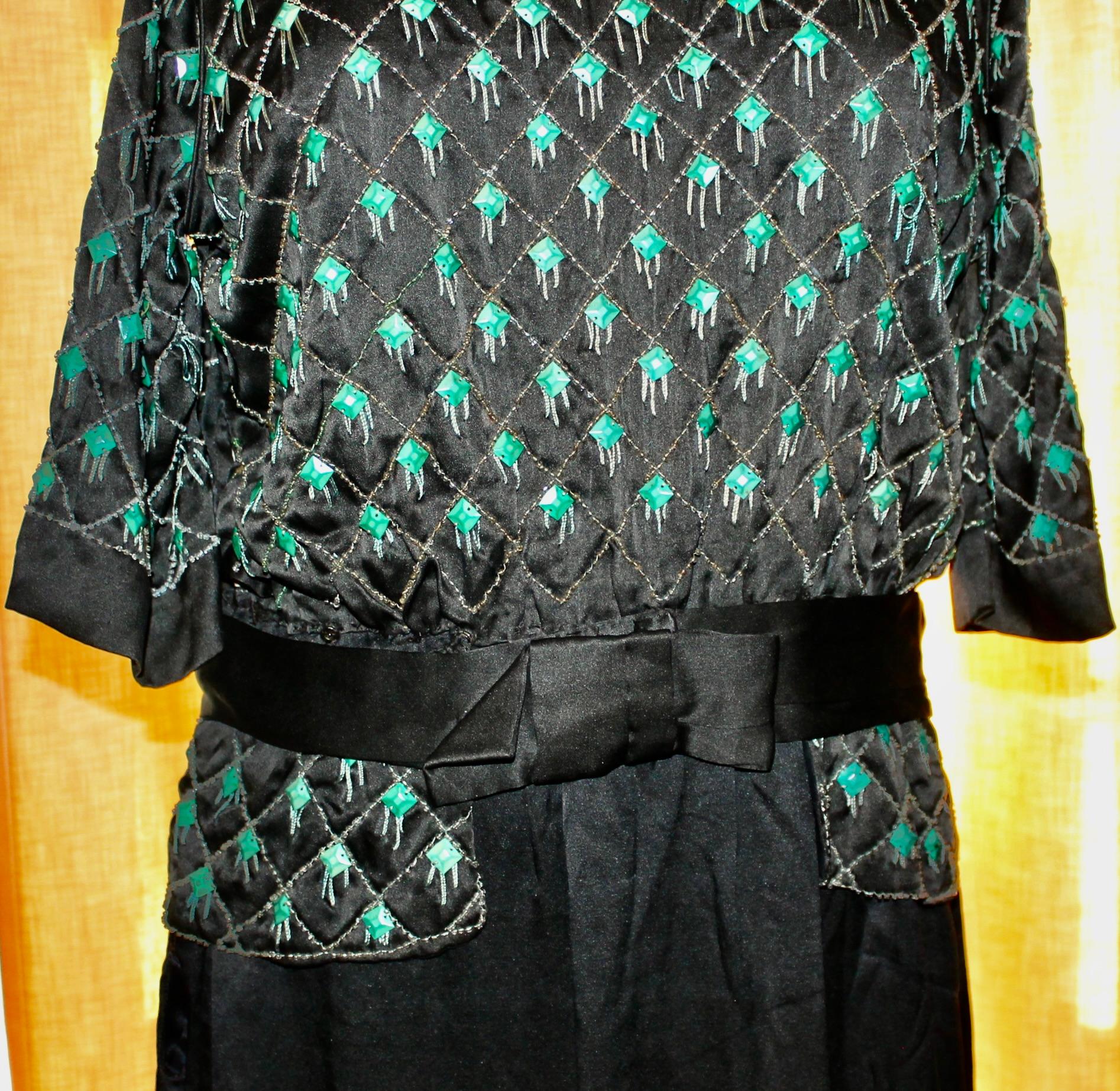 Lanvin Style Embroidered Deco Silk Crepe Black Dress For Sale 1