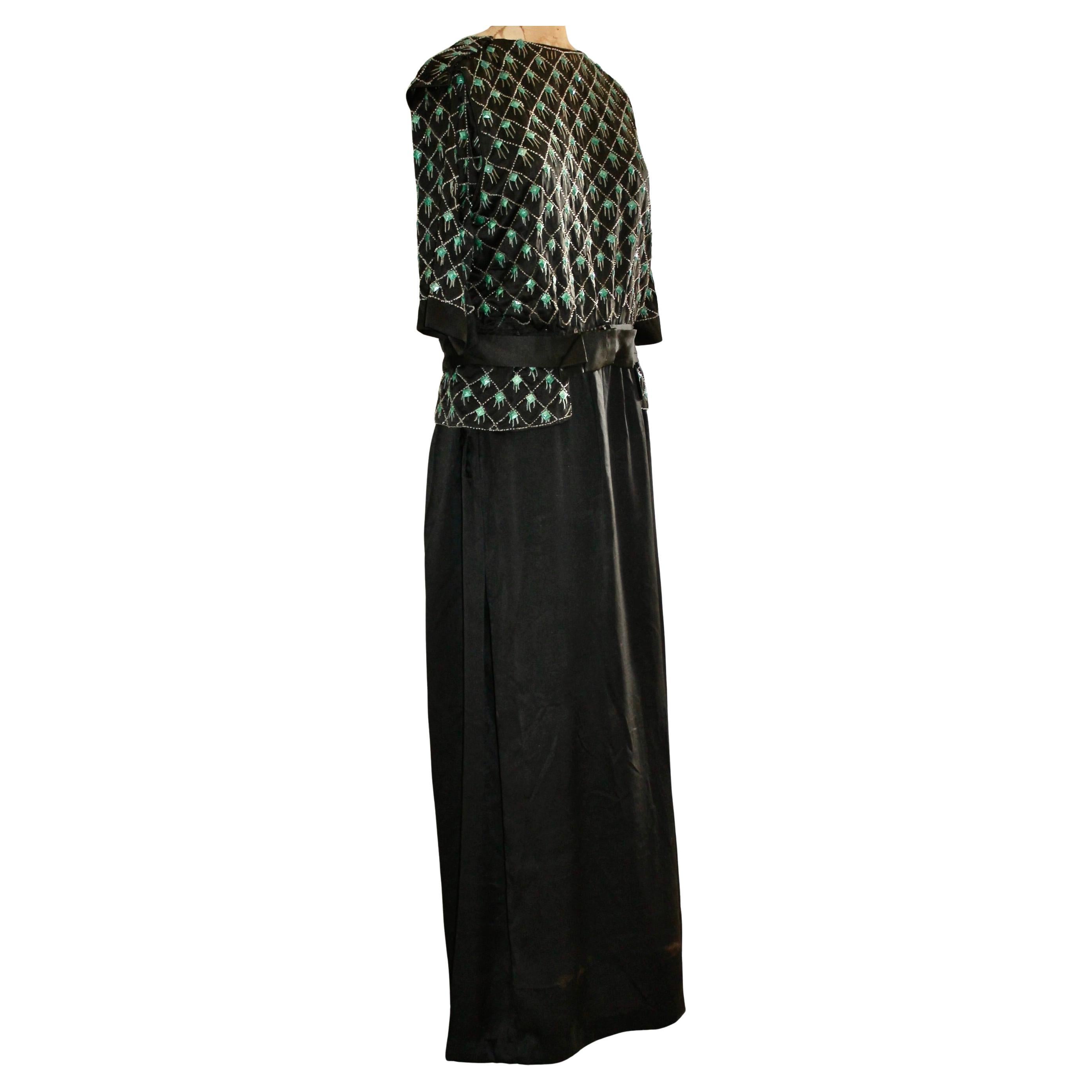 Lanvin Style Embroidered Deco Silk Crepe Black Dress For Sale