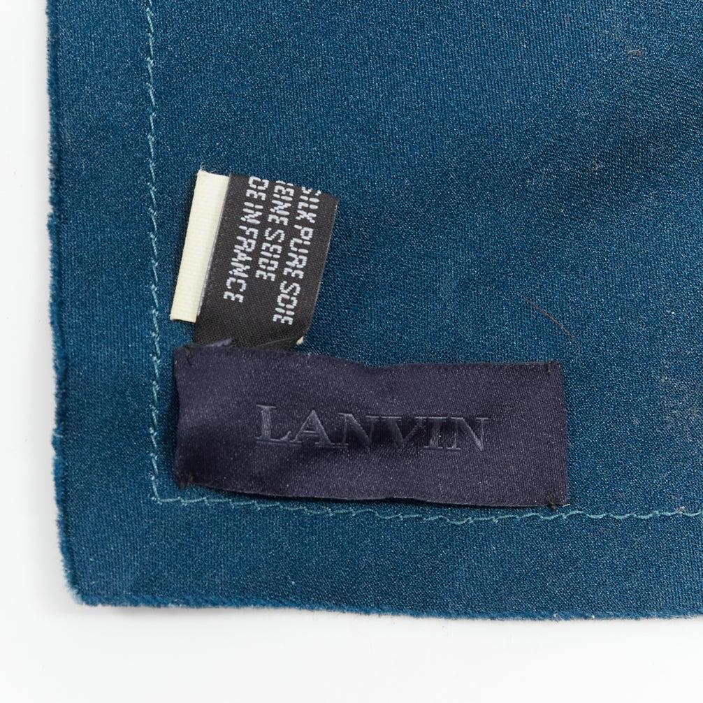 LANVIN teal blue 100% silk made in france frayed edge rectangular scarf For Sale 4