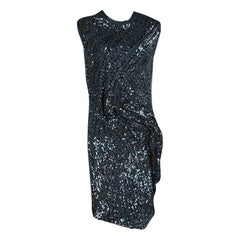 Lanvin Teal Blue Sequined Draped Sleeveless Dress S