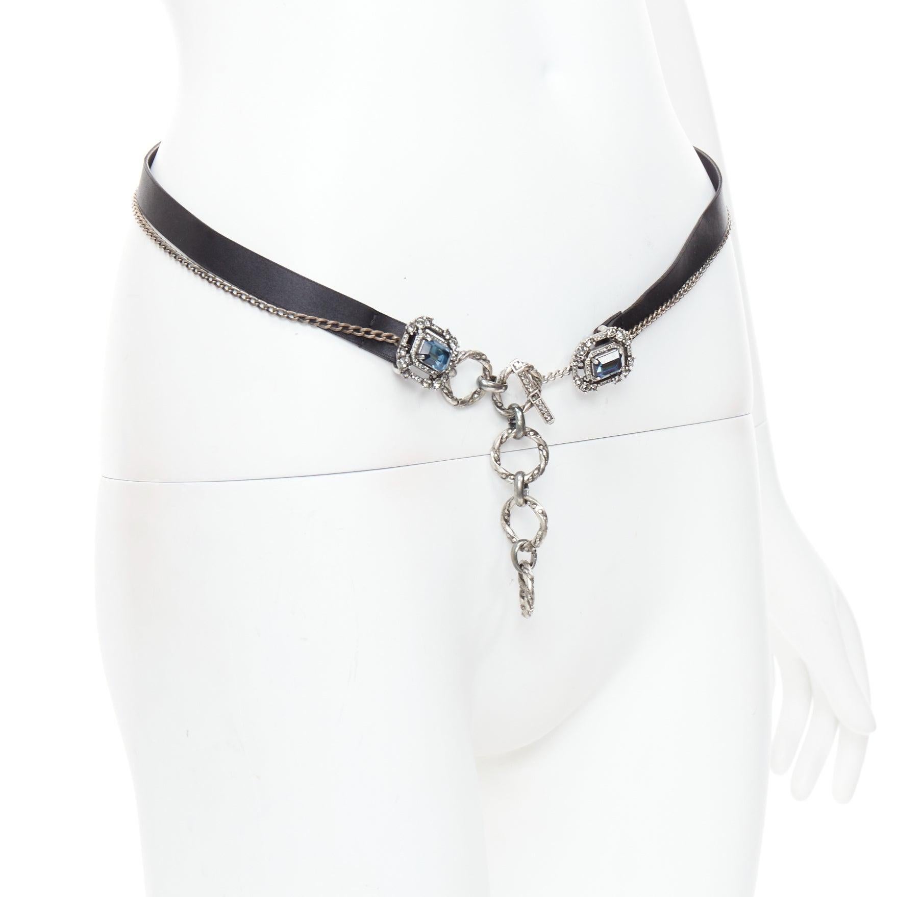 Gray LANVIN Textile blue rhinestone jewel silver chain black fabric belt For Sale