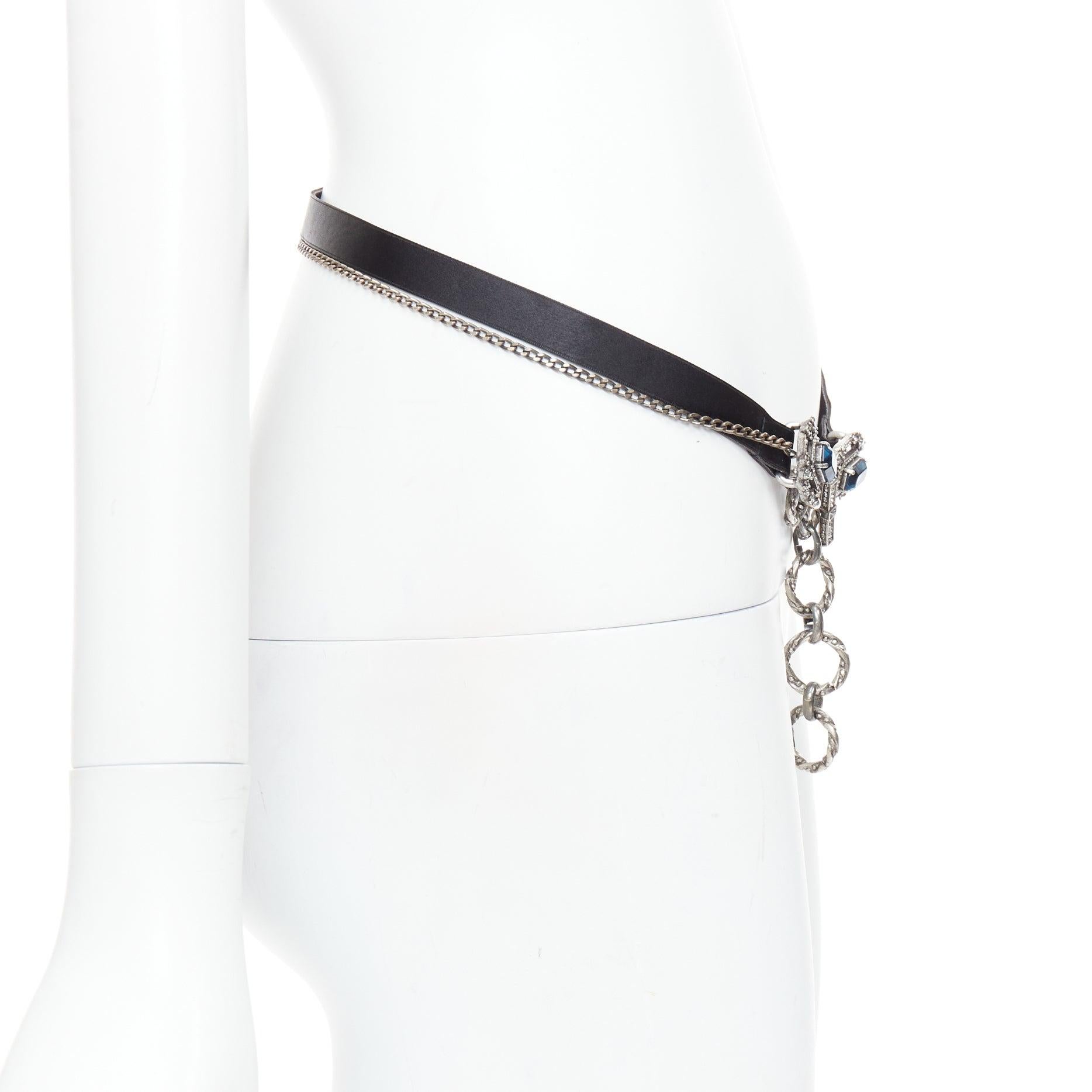 LANVIN Textile blue rhinestone jewel silver chain black fabric belt In Good Condition For Sale In Hong Kong, NT