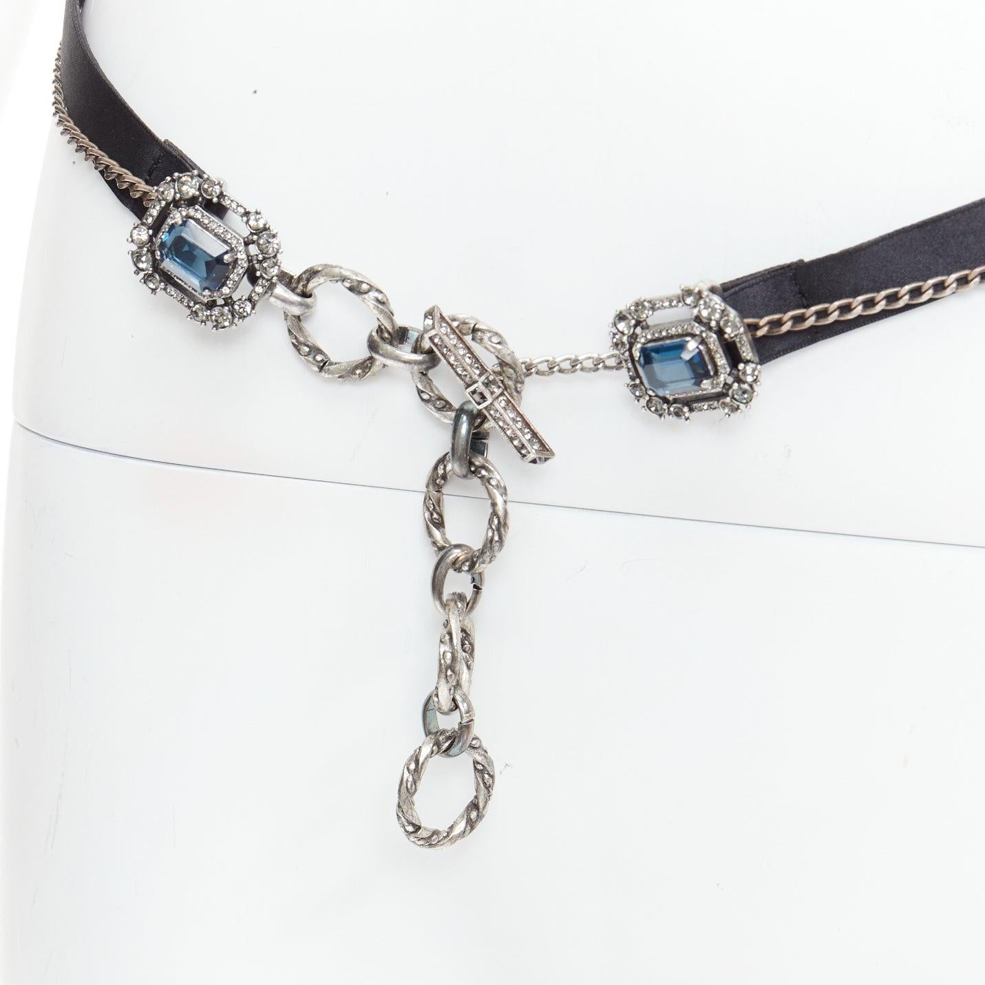 LANVIN Textile blue rhinestone jewel silver chain black fabric belt For Sale 2