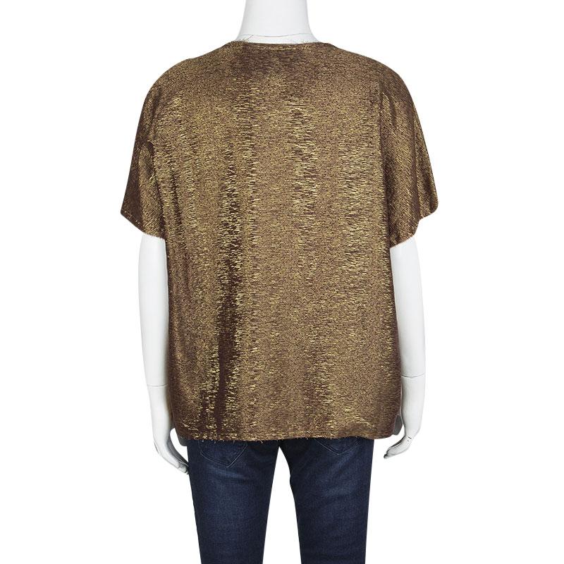 Brown Lanvin Textured Gold Frayed Edge Detail Short Sleeve Blouse XL