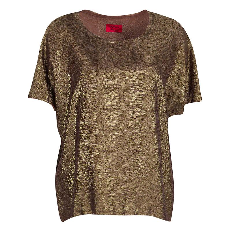Lanvin Textured Gold Frayed Edge Detail Short Sleeve Blouse XL