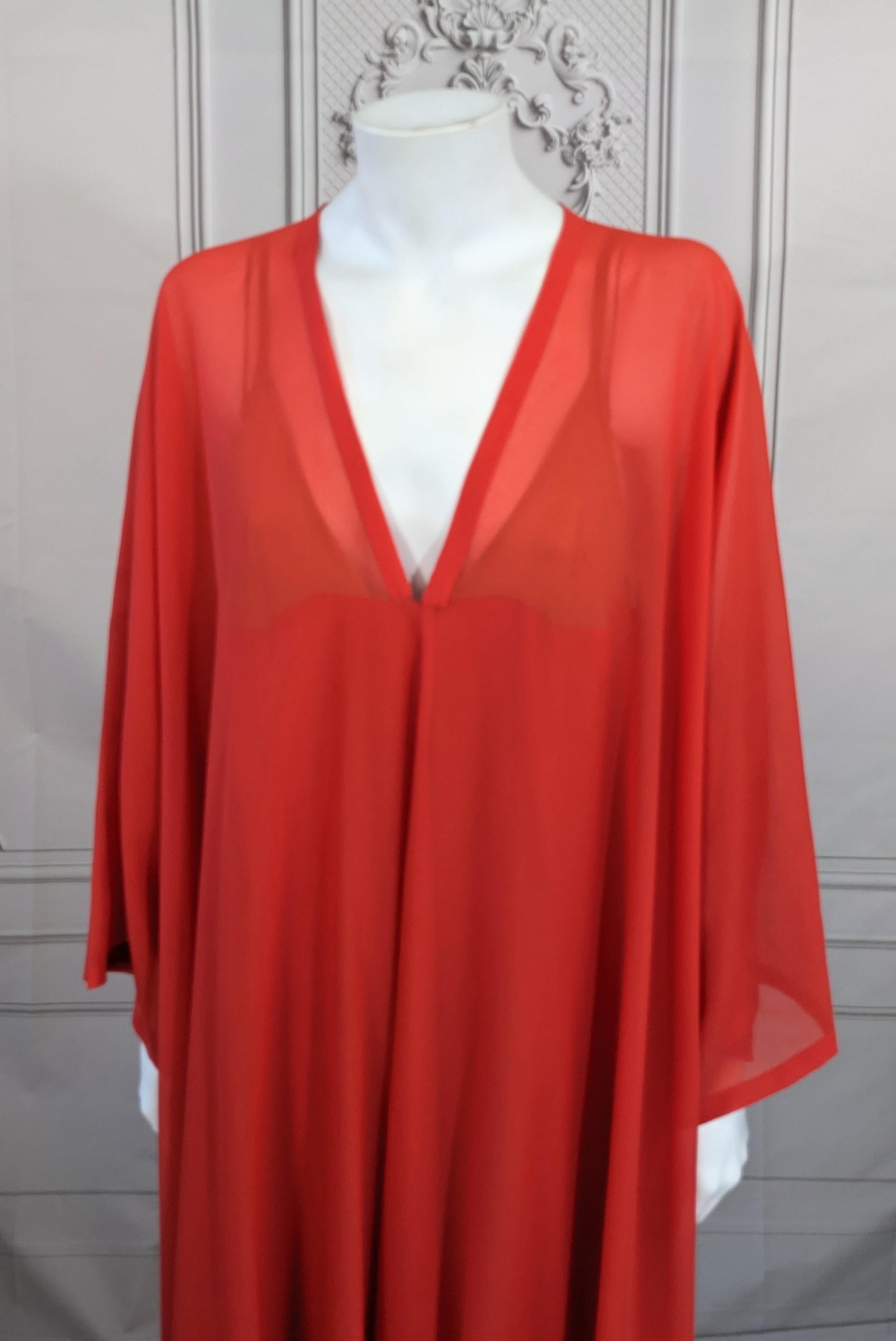 Lanvin Tomato Red Georgette Caftan In Good Condition For Sale In New York, NY