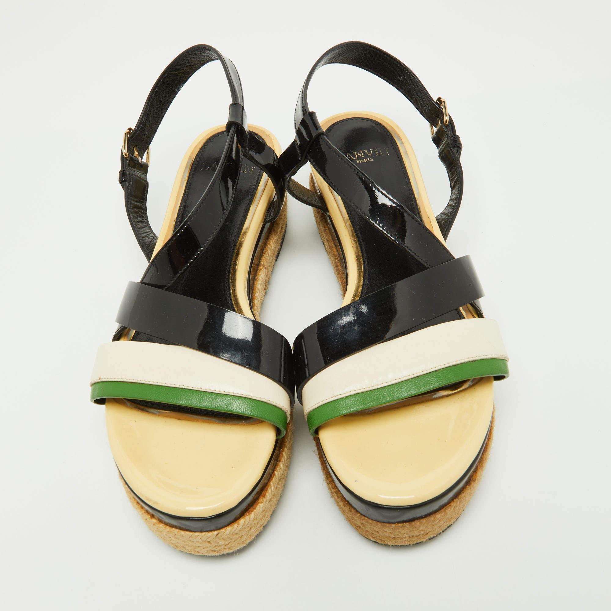 Lanvin Tricolor Espadrille Plateausandalen aus Lack und Leder Größe 37 (Braun) im Angebot