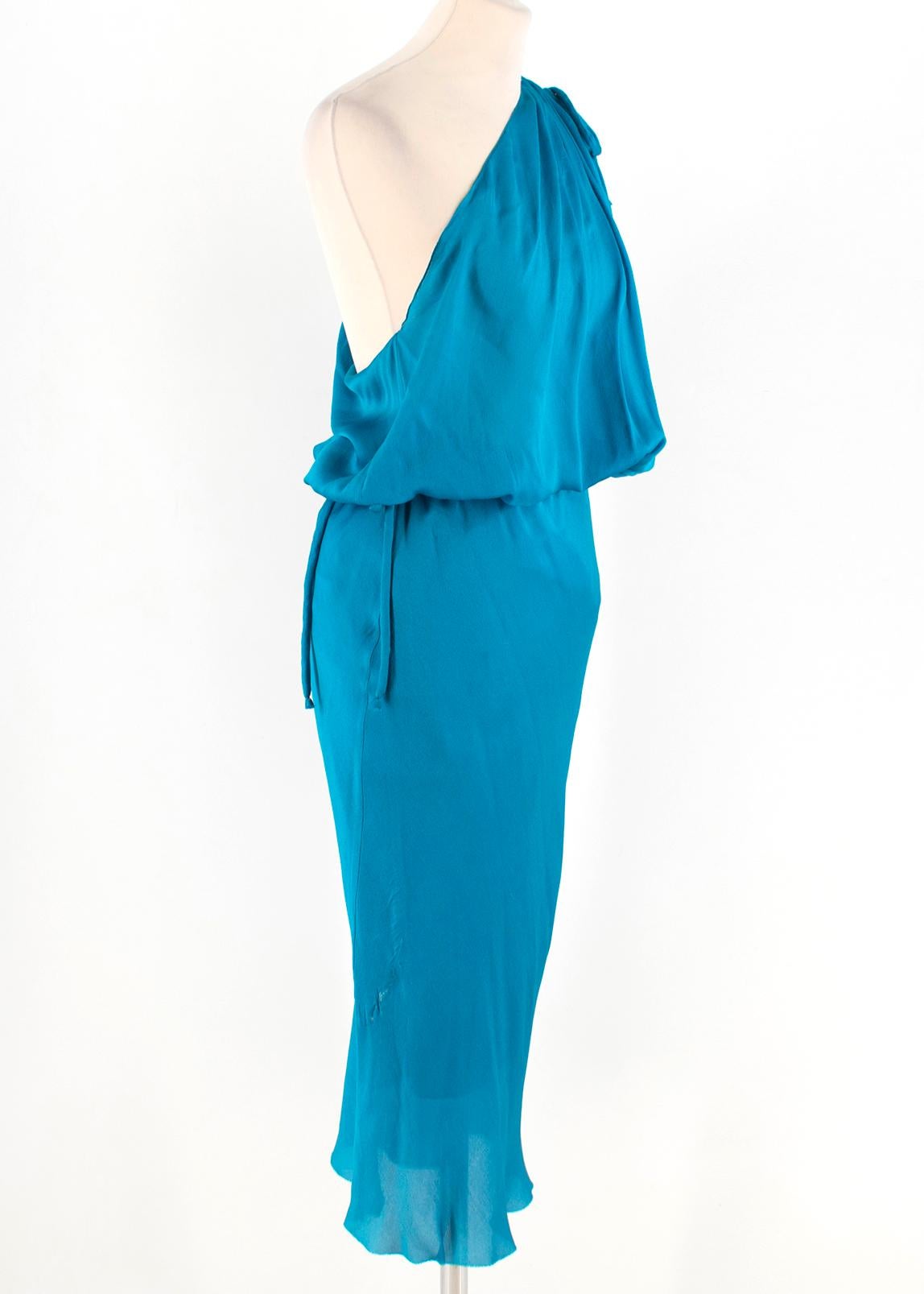 Lanvin Turquoise One-Shoulder Silk Dress

- Turquoise, lightweight, silk dress
- One-shoulder
- Left self-tie shoulder strap 
- Elasticated drawstring waist
- Midi length
- 100% silk

Please note, these items are pre-owned and may show some signs of